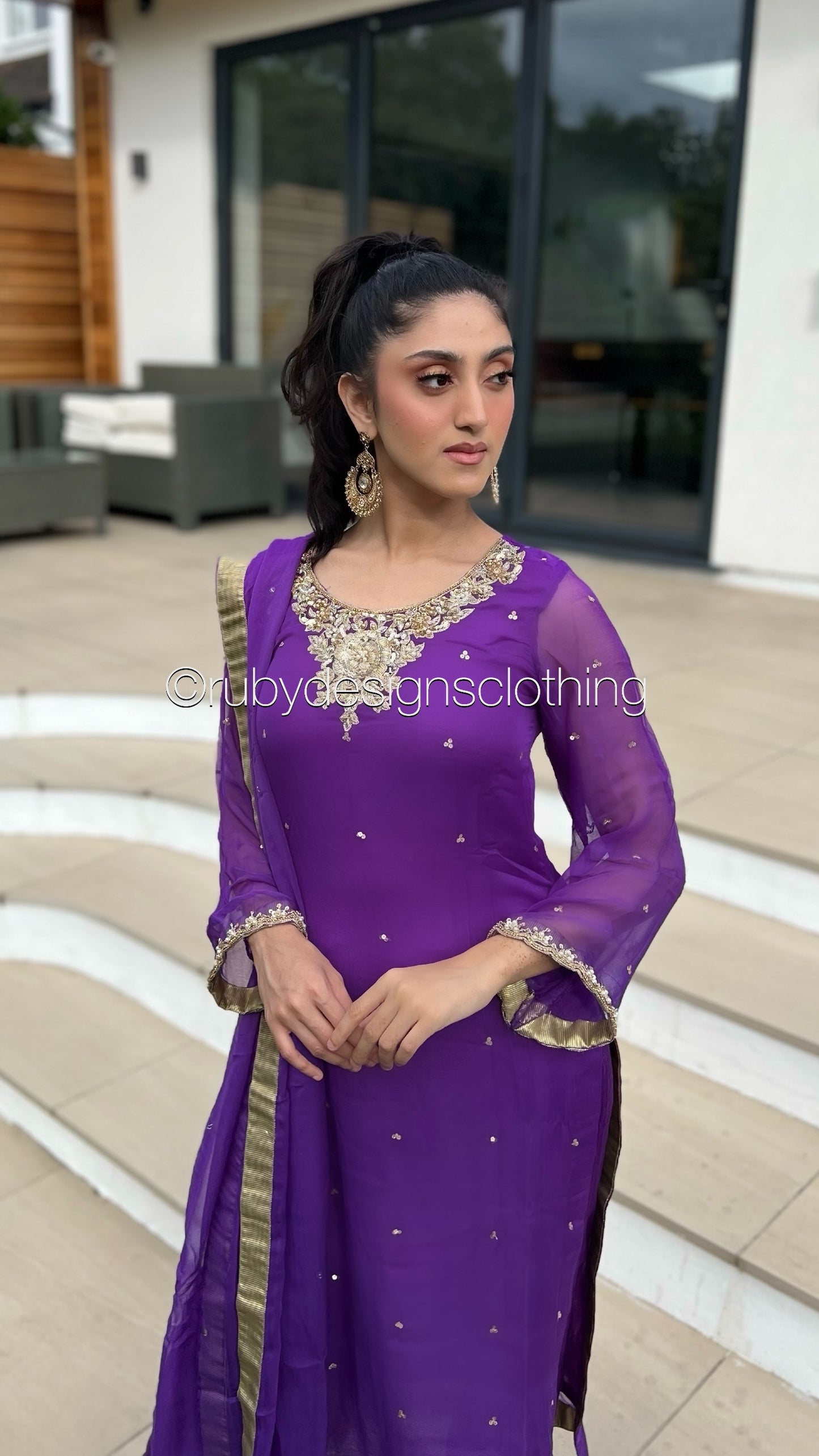 ALVIA Purple - 3 Piece Purple Chiffon Suit with Gold Handwork