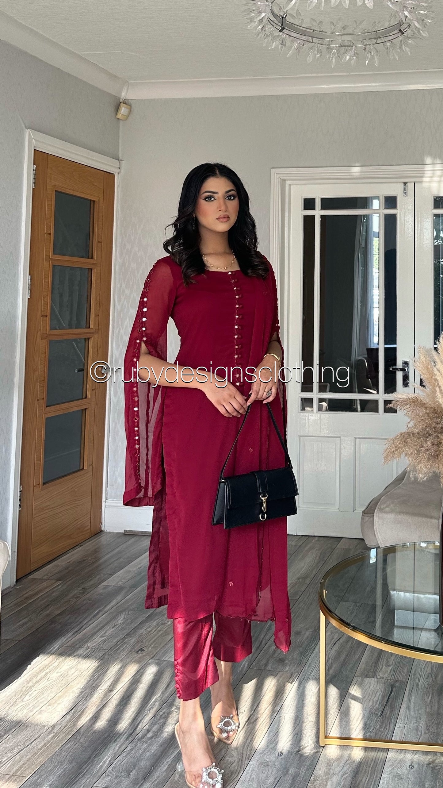 KAYRA Ruby - 3 Piece Ruby Chiffon Suit with Split Sleeve