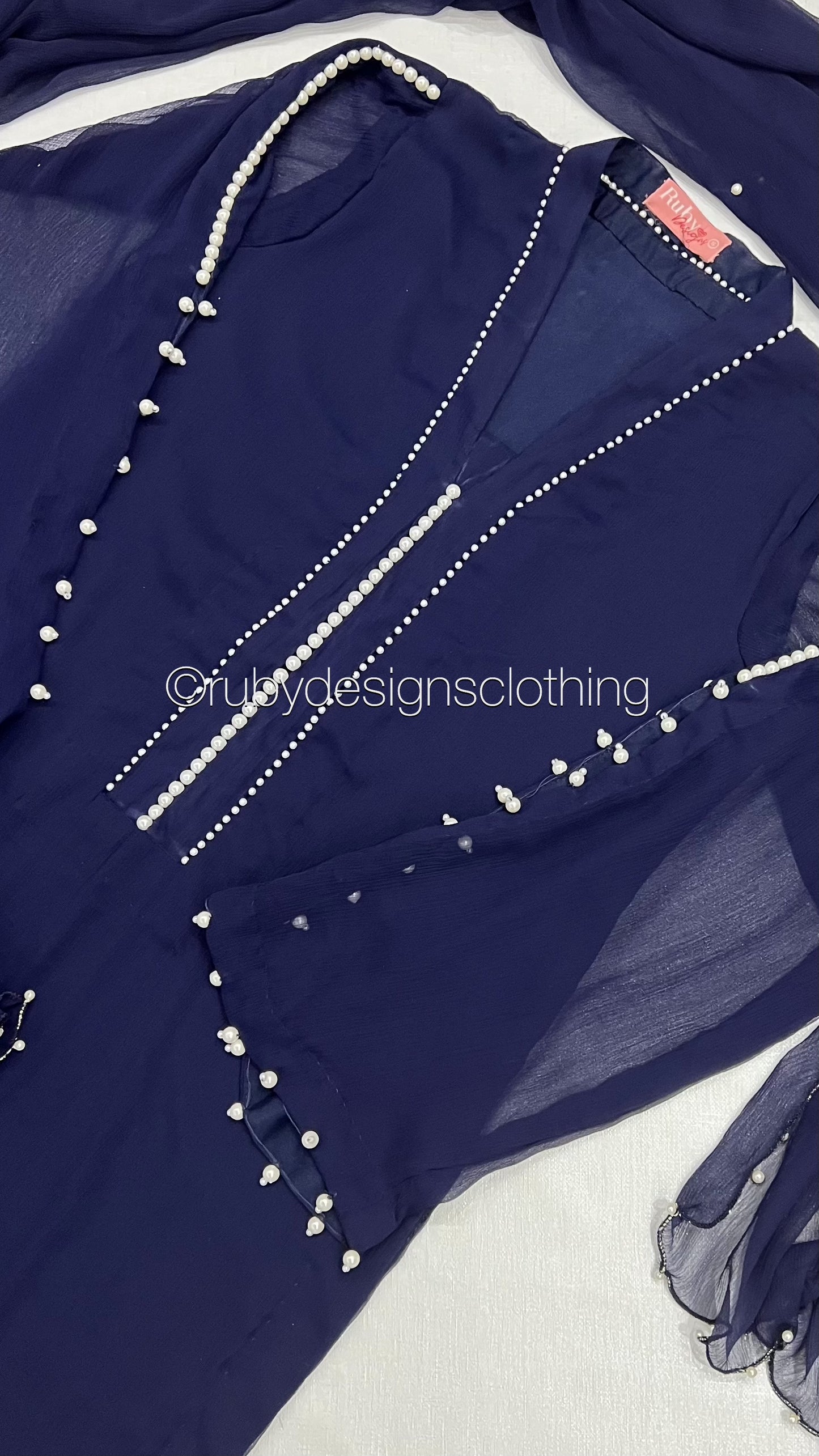 DUA Navy - 3 Piece Navy Chiffon Suit with Chiffon Dupatta and Pearls (8306857836757)