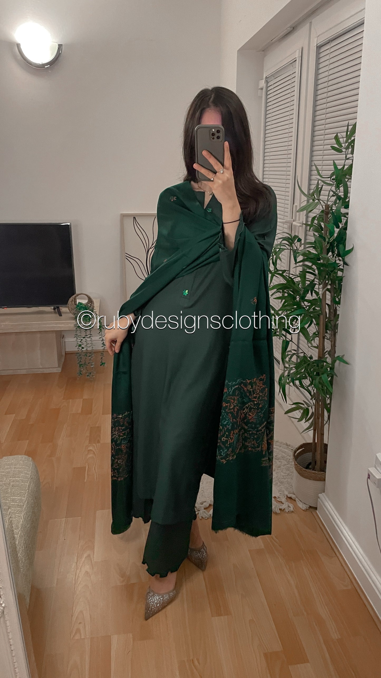 ZEHRA - 3 Piece Forest Green Marina Suit with Embroidered Pashmina Shawl