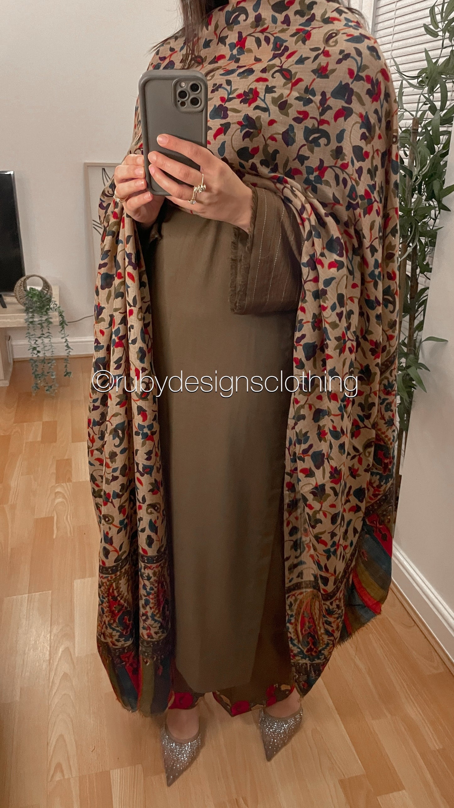 MINA - 3 Piece Khaki Marina Suit with Printed Pashmina Shawl