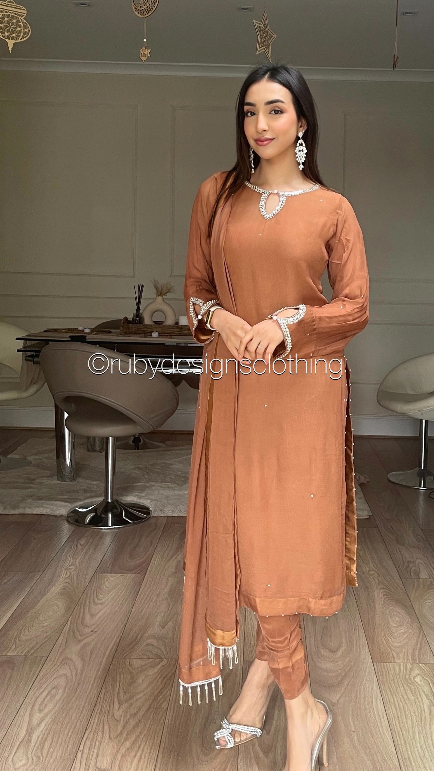 HAYA Caramel - 3 Piece Chiffon Suit with Hand Embellished Neckline (8026580058325)