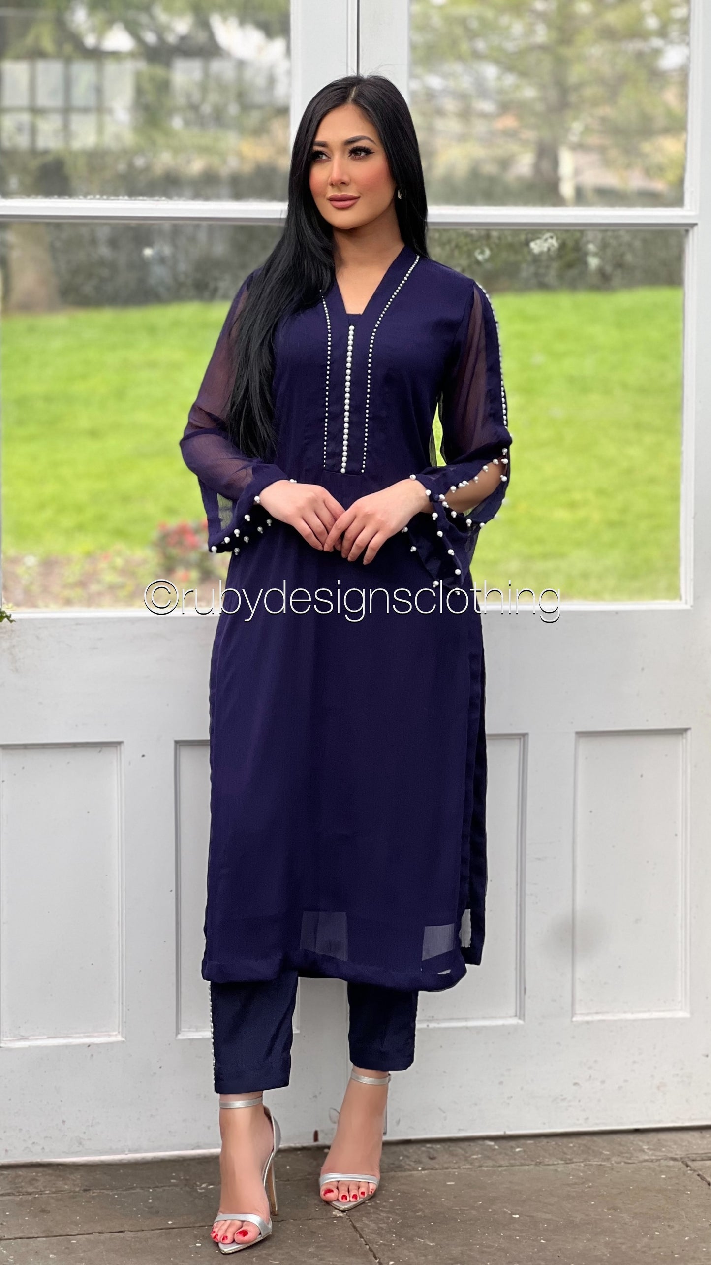 DUA Navy - 3 Piece Navy Chiffon Suit with Chiffon Dupatta and Pearls