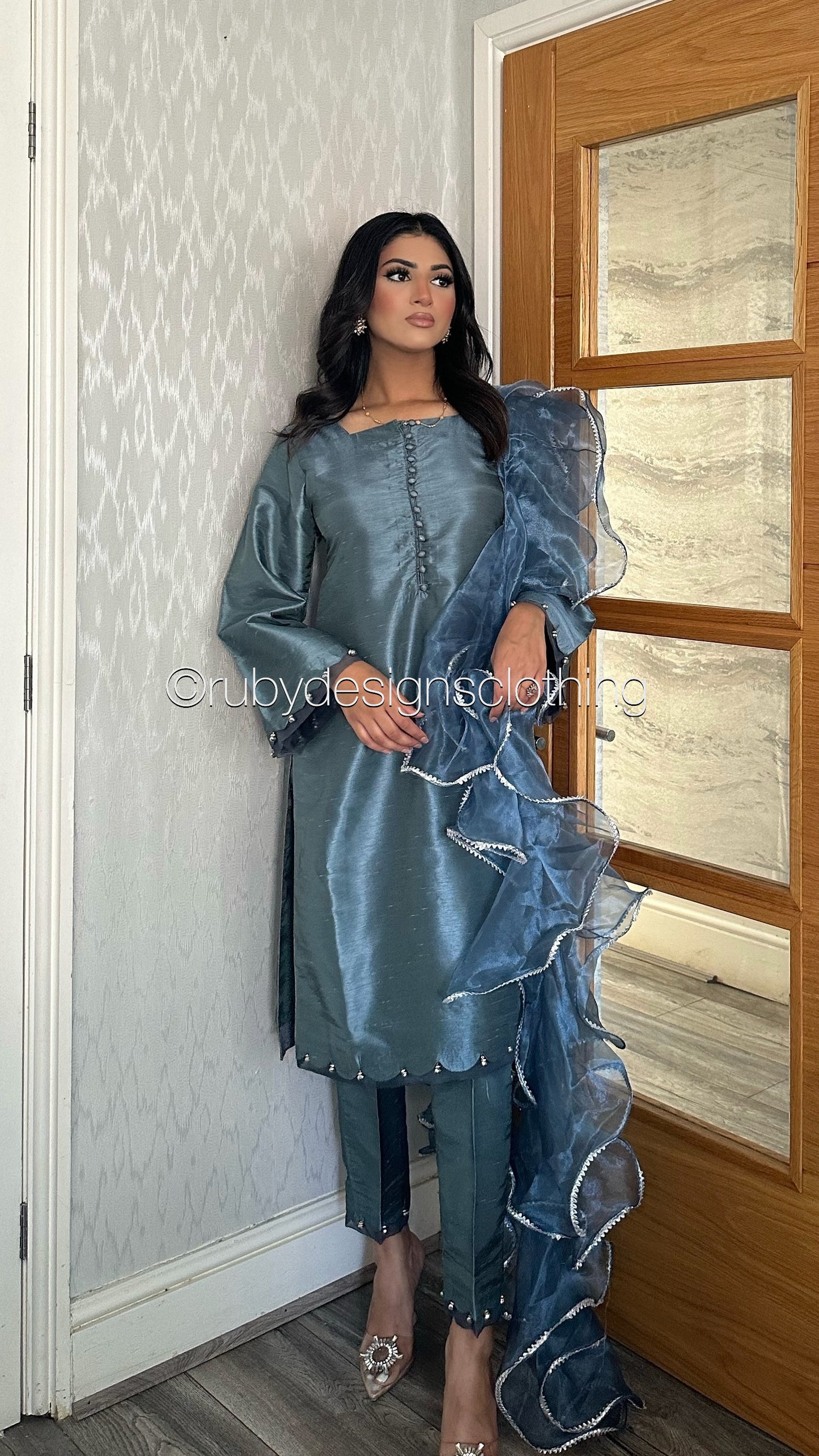 ALEEZA Blue - 3 Piece Raw Silk Suit with Ruffle Dupatta