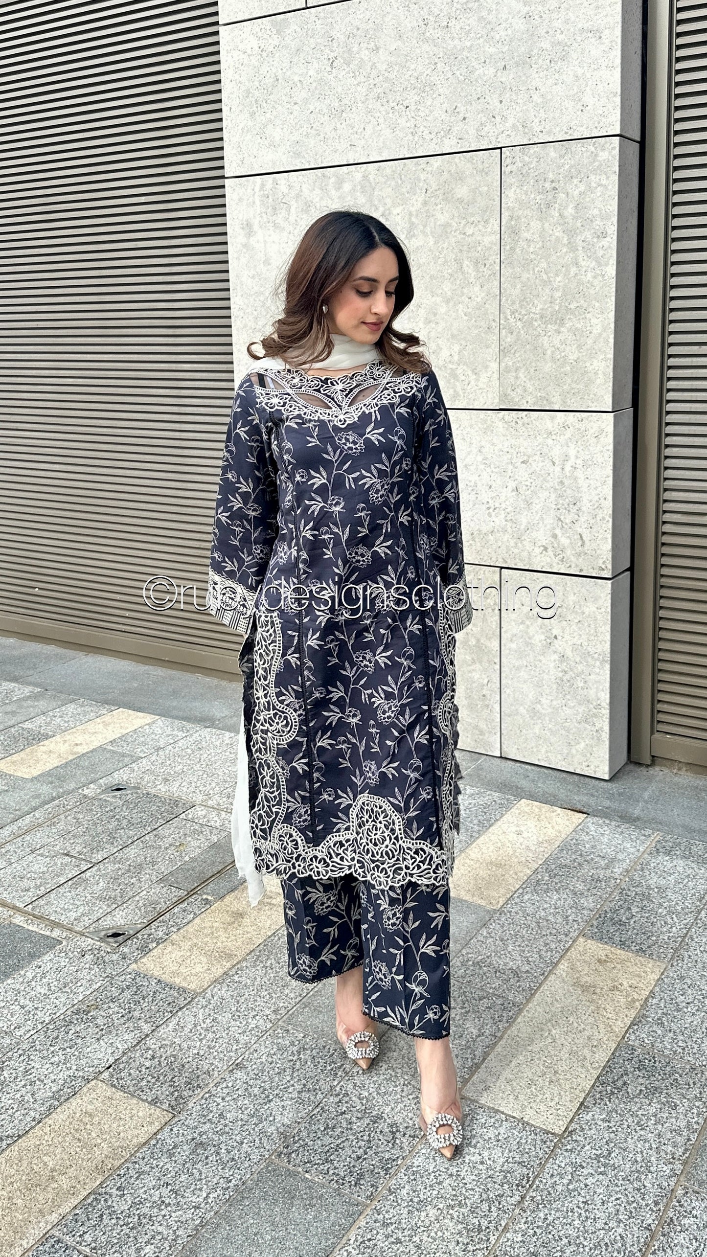 HABIBA - 3 Piece Charcoal Grey/Navy Lawn Suit with White Chiffon Dupatta (8583535427797)