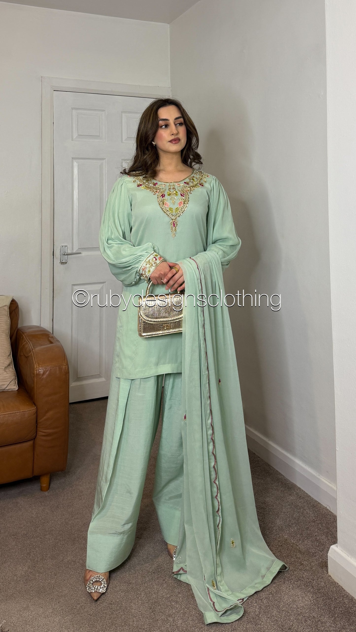 MISSING ITEM (SHALWAR) - SERENE Mint - Luxury 3 Piece Chiffon Suit with Farshi Shalwar