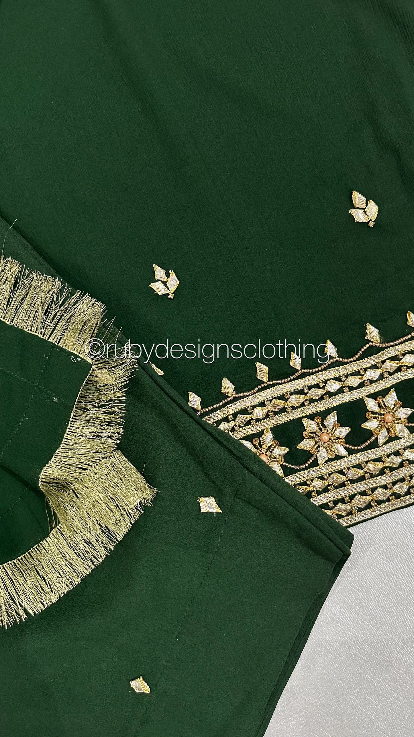SAJAL Emerald - 3 Piece Chiffon Suit with Farshi Shalwar and Gota Handwork