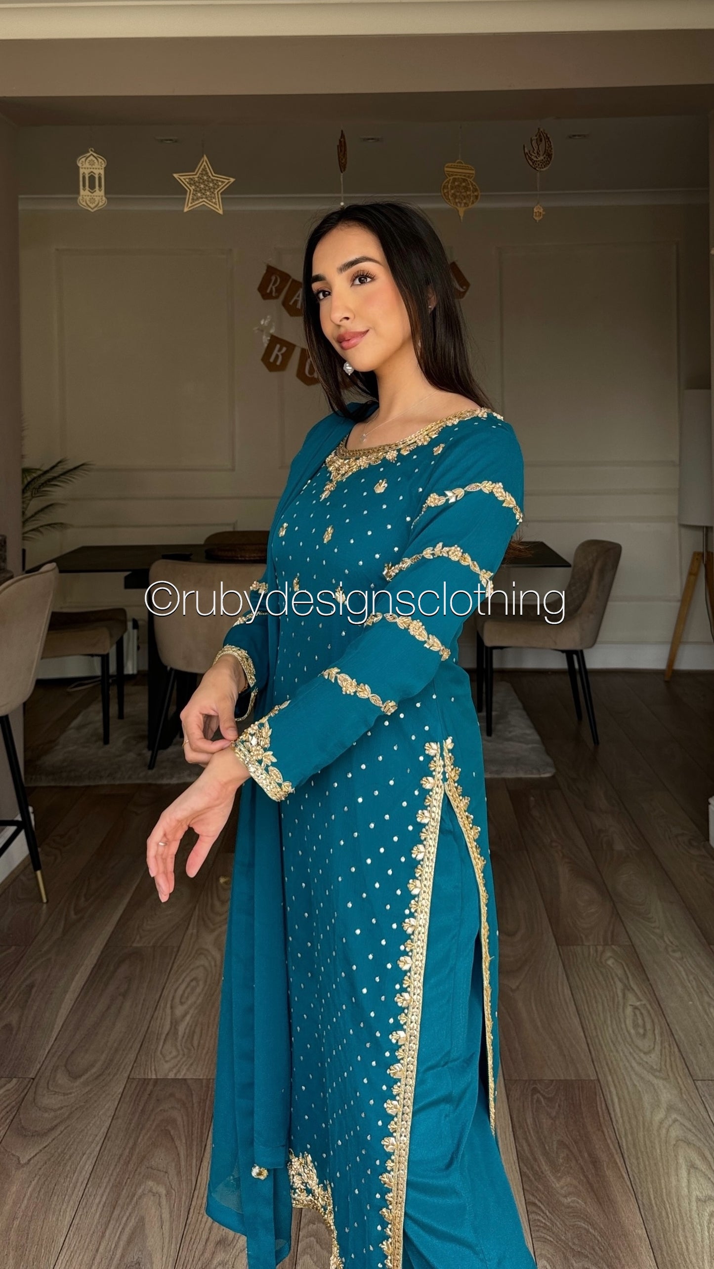 ZAREEN Teal - Luxury 3 Piece Chiffon Suit with Gold Handwork