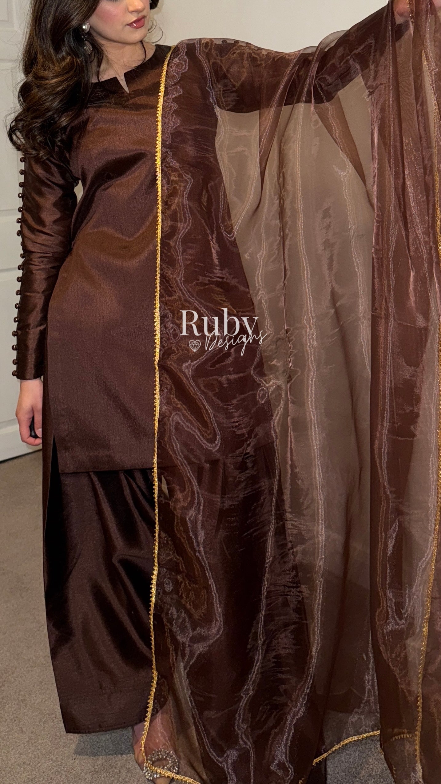 ZIMAL Mocha - 3 Piece Silk Suit with Farshi Shalwar