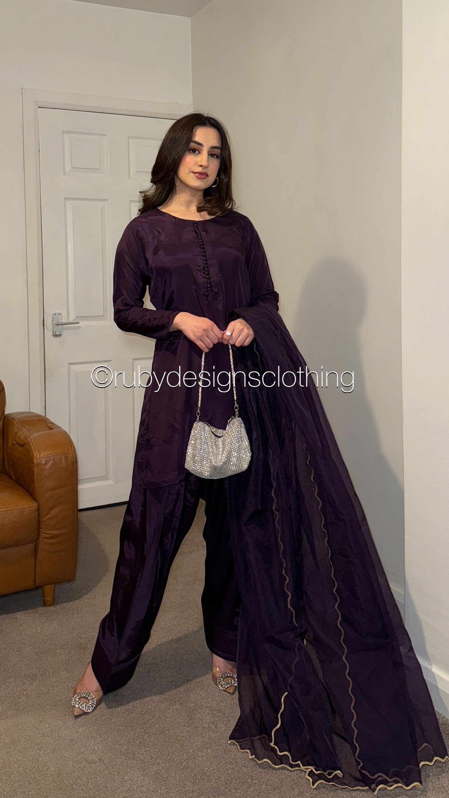 RIMA Plum - 3 Piece Russian Silk Suit with Farshi Shalwar