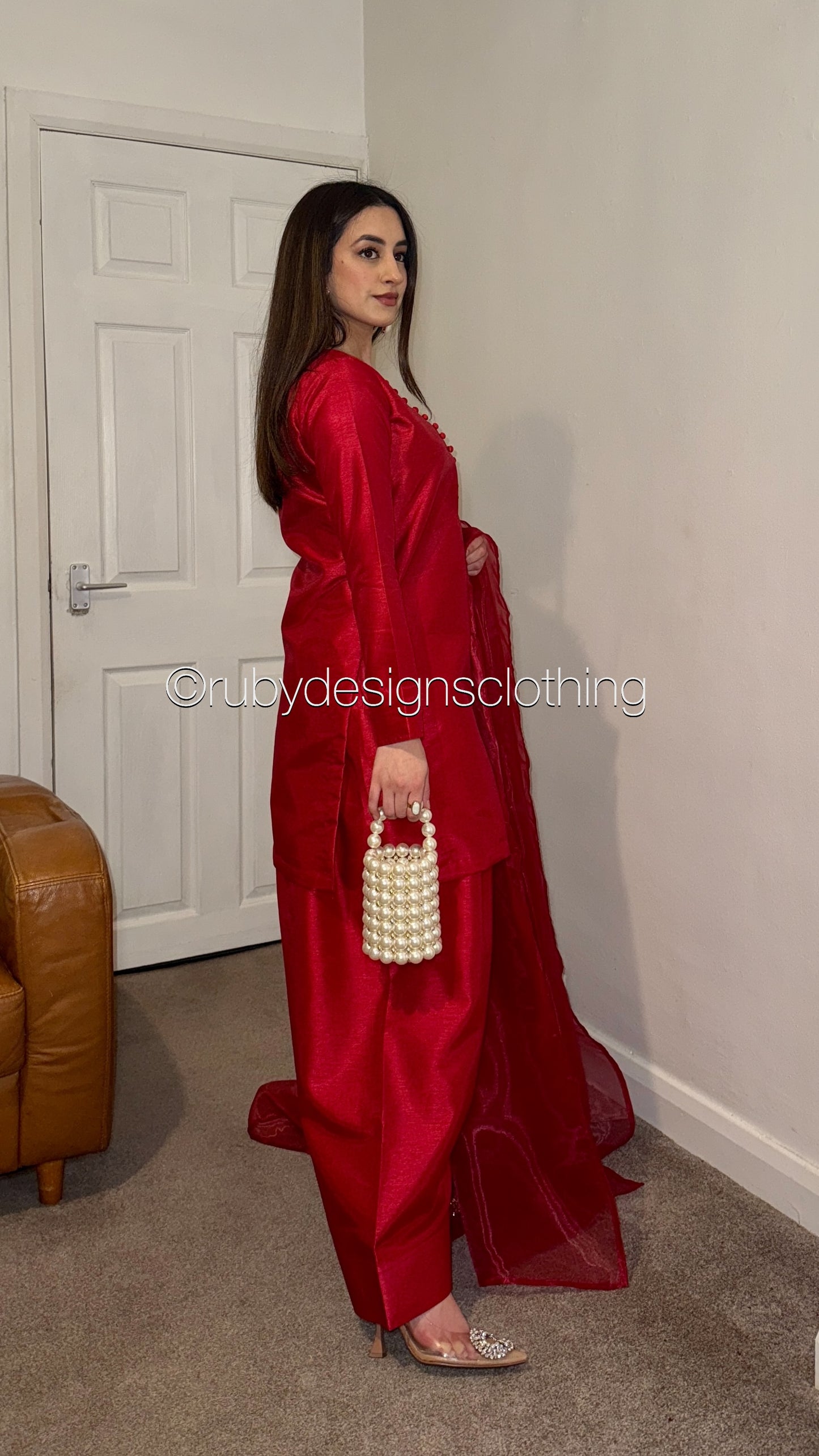 MAIRA Rouge - 3 Piece Korean Raw Silk Suit with Farshi Shalwar
