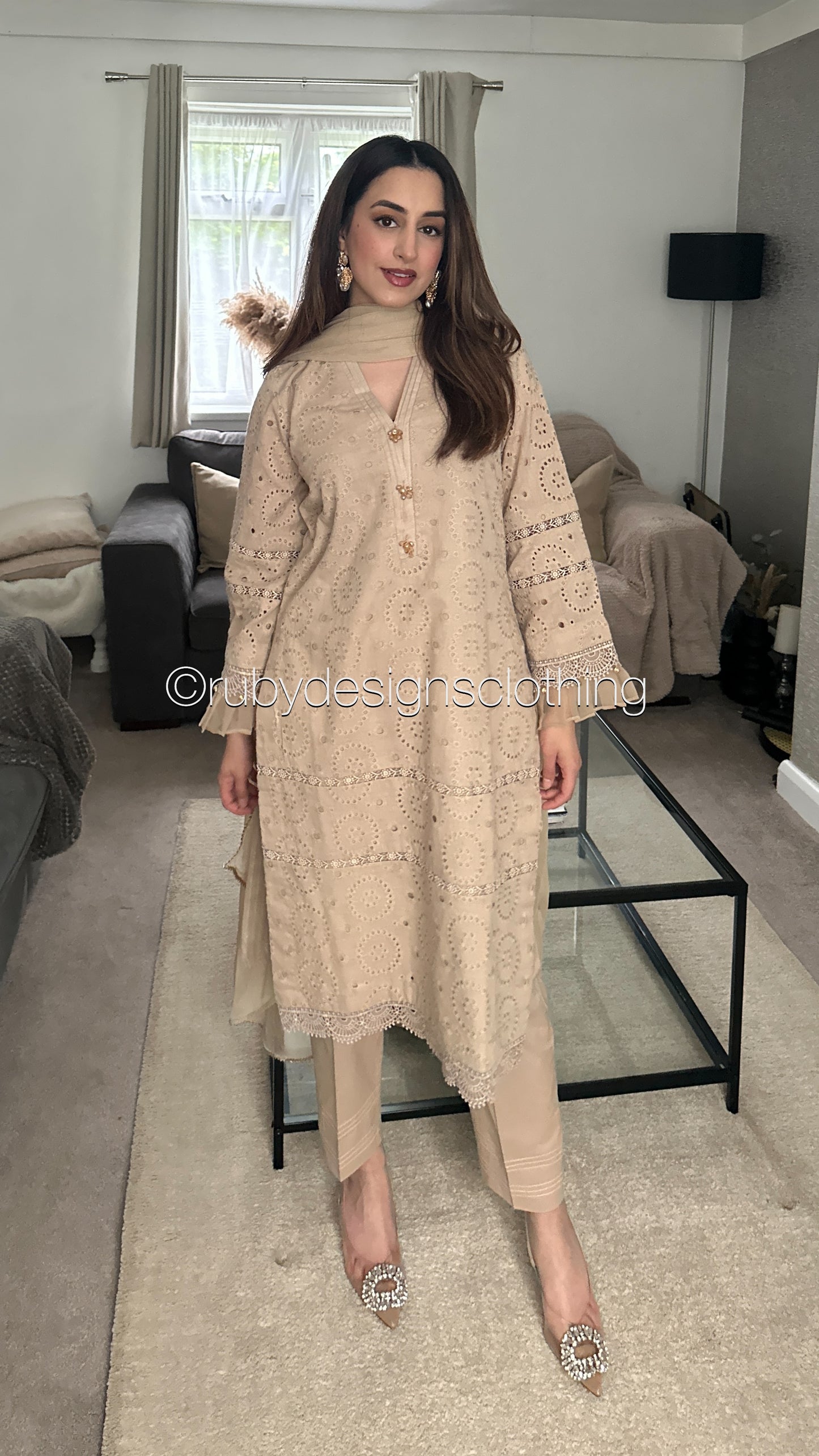 NIDA - 3 Piece Beige/Nude Chikankari Suit with Chiffon Dupatta (8570236141781)