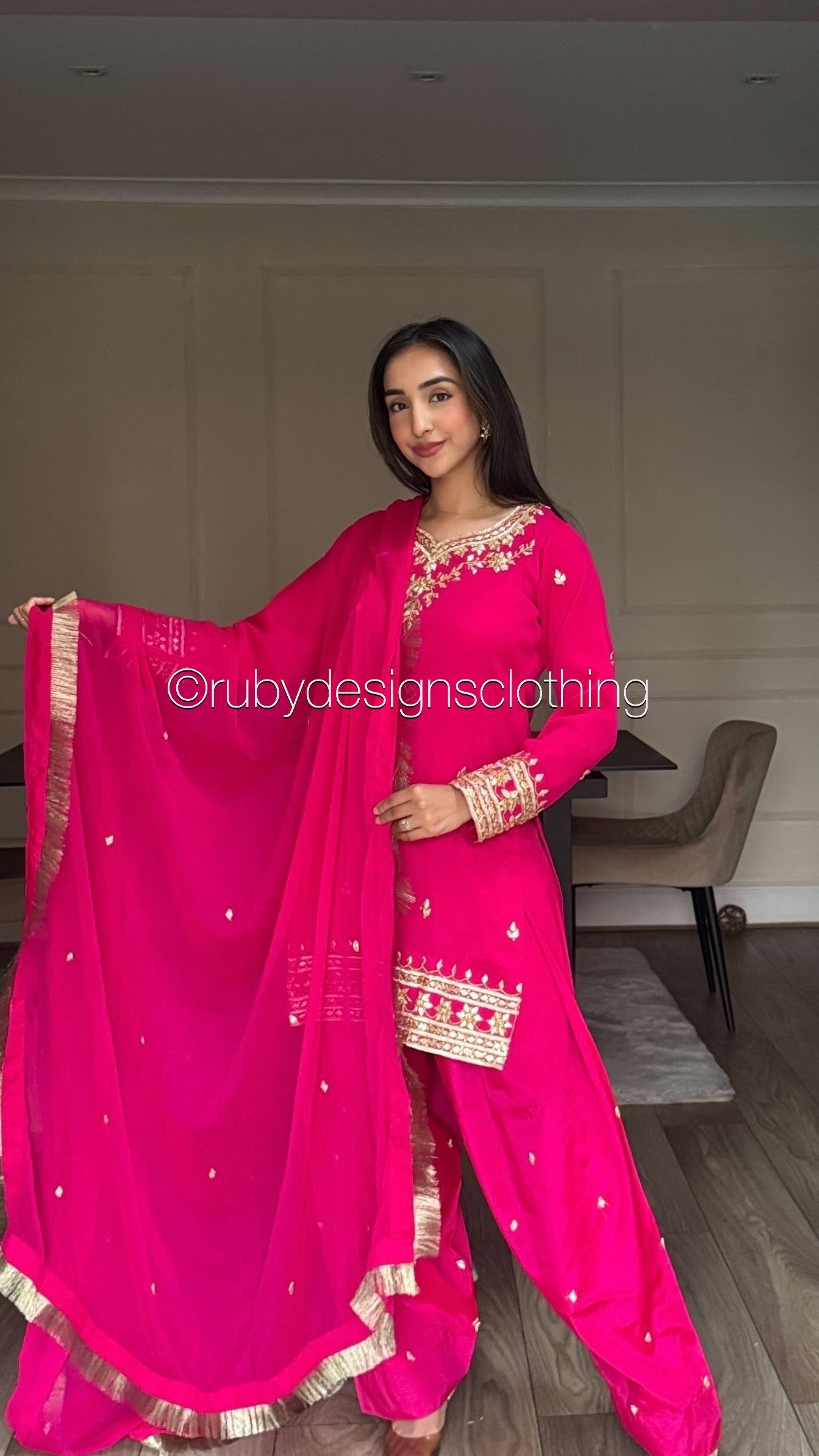 SAJAL Rose - 3 Piece Chiffon Suit with Farshi Shalwar and Gota Handwork