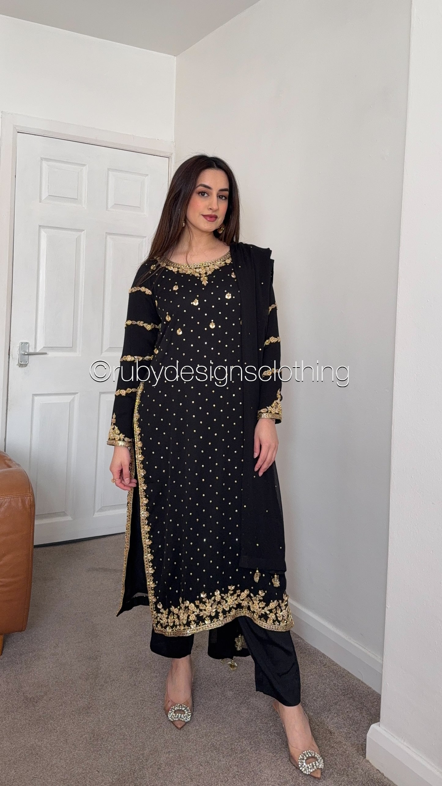 ZAREEN Noir - Luxury 3 Piece Chiffon Suit with Gold Handwork
