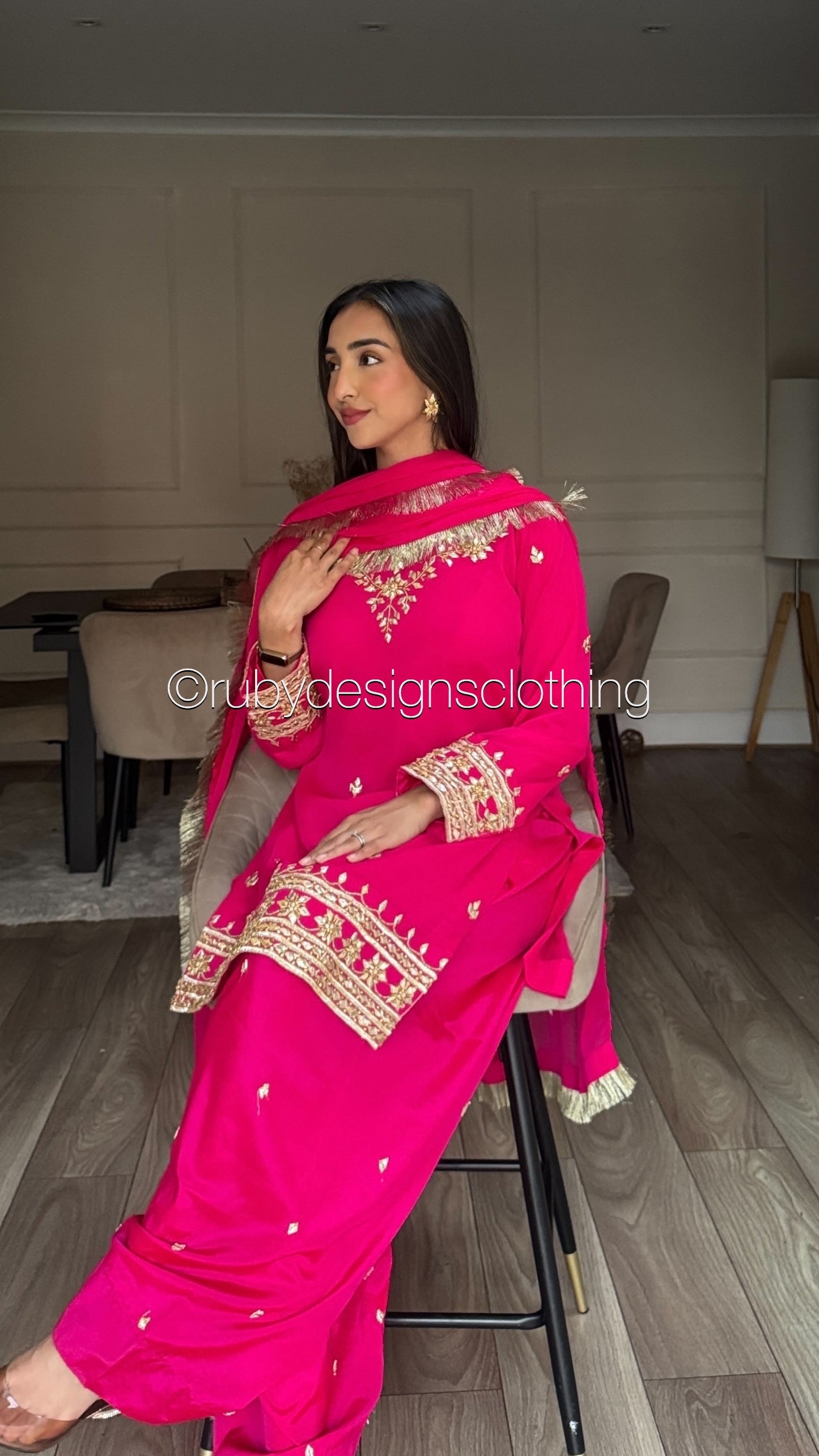SAJAL Rose - 3 Piece Chiffon Suit with Farshi Shalwar and Gota Handwork