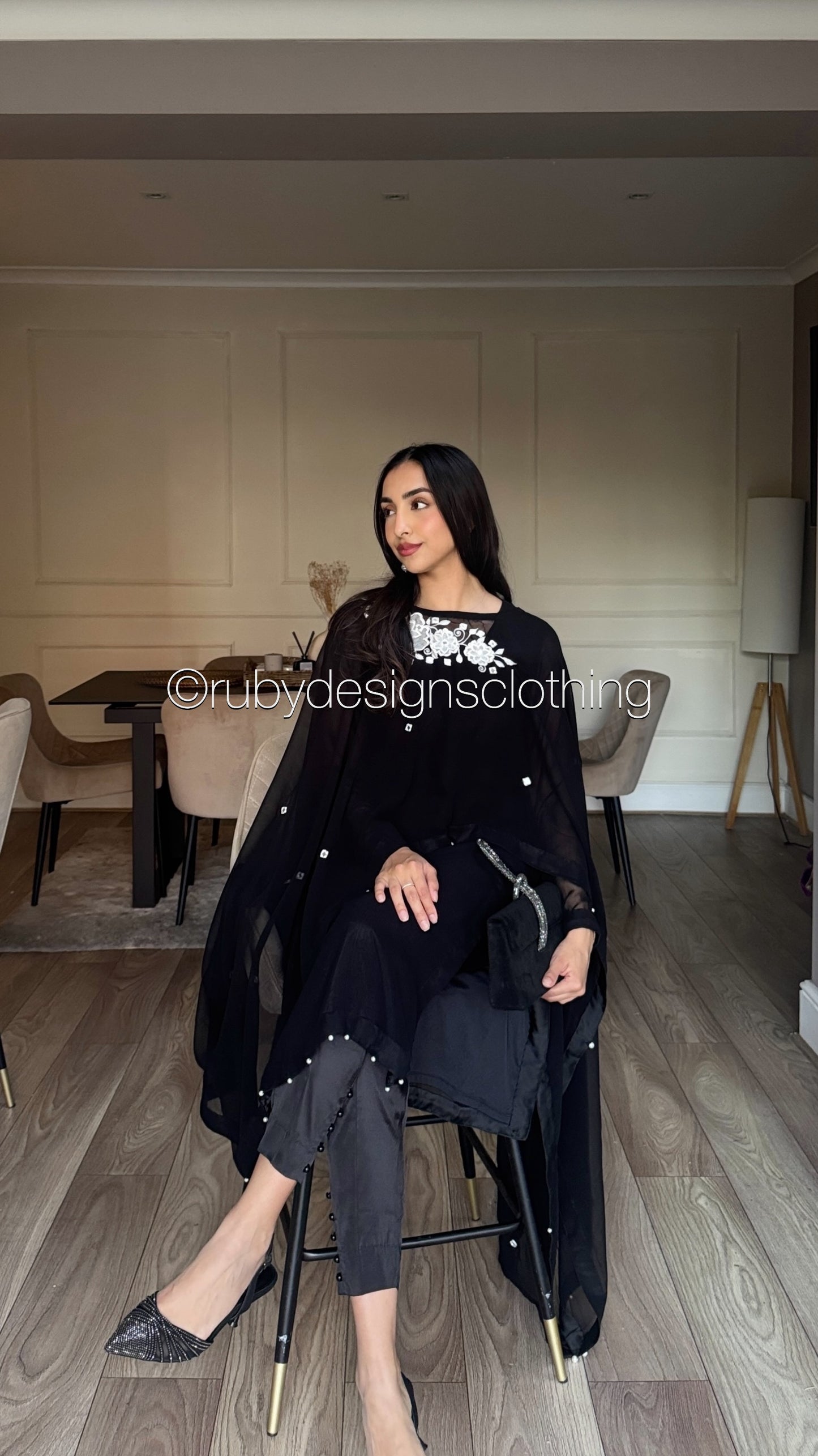 KAYNAT - 3 Piece Black Chiffon Suit with Cape/Poncho