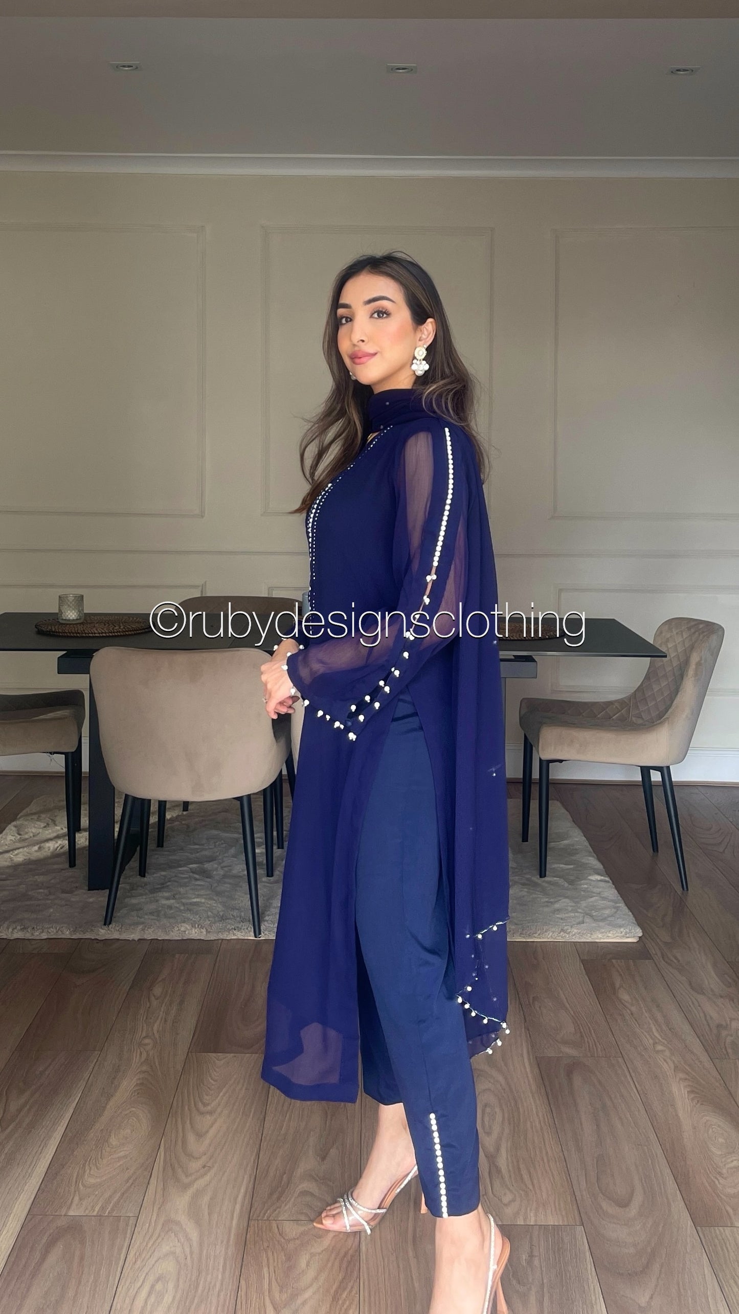 DUA Navy - 3 Piece Navy Chiffon Suit with Chiffon Dupatta and Pearls