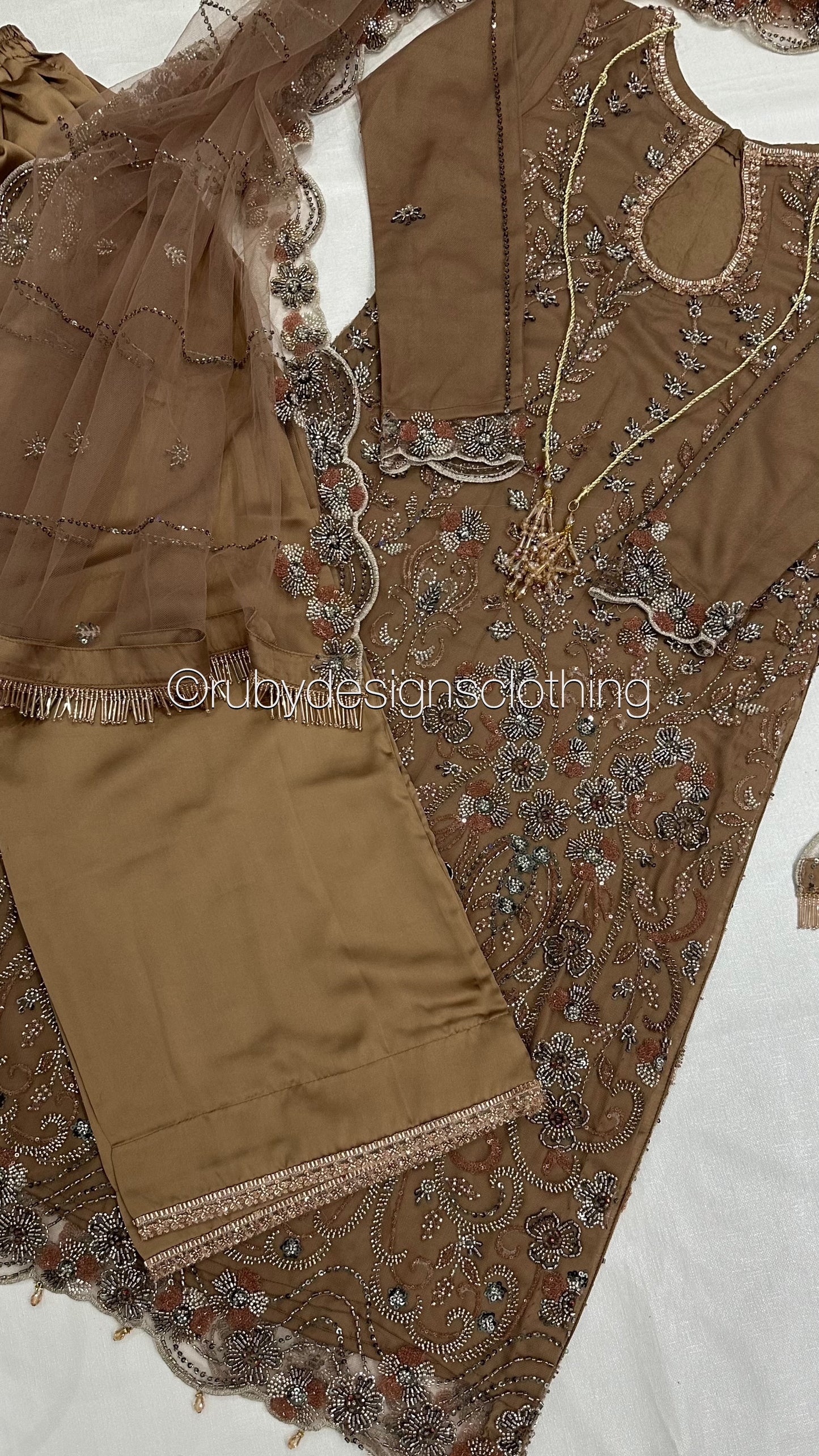 ESMA Latte - 3 Piece Brown Net Suit with Heavy Cutdana Work