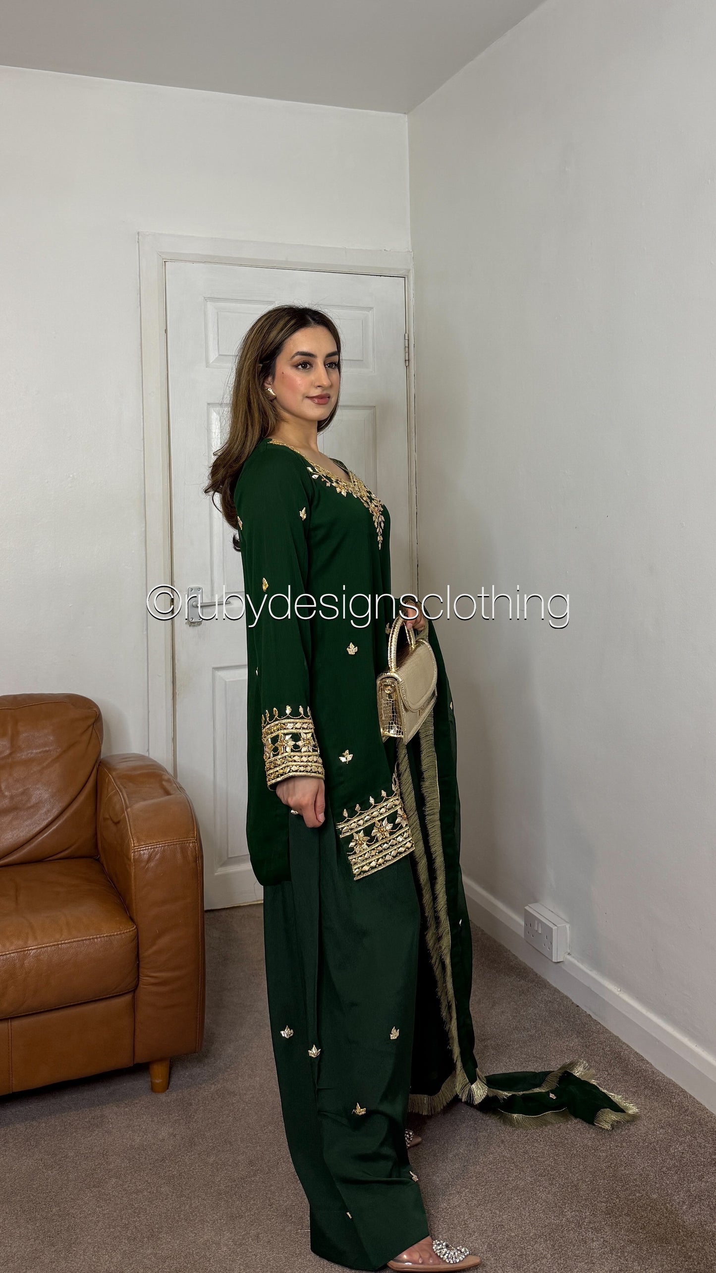 SAJAL Emerald - 3 Piece Chiffon Suit with Farshi Shalwar and Gota Handwork