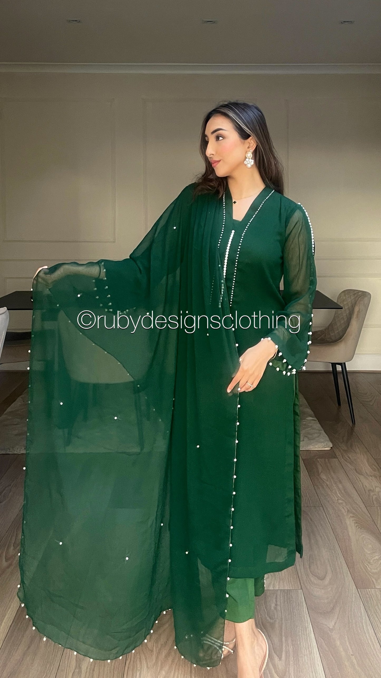 DUA Emerald - 3 Piece Emerald Chiffon Suit with Chiffon Dupatta and Pearls (8306848301269)