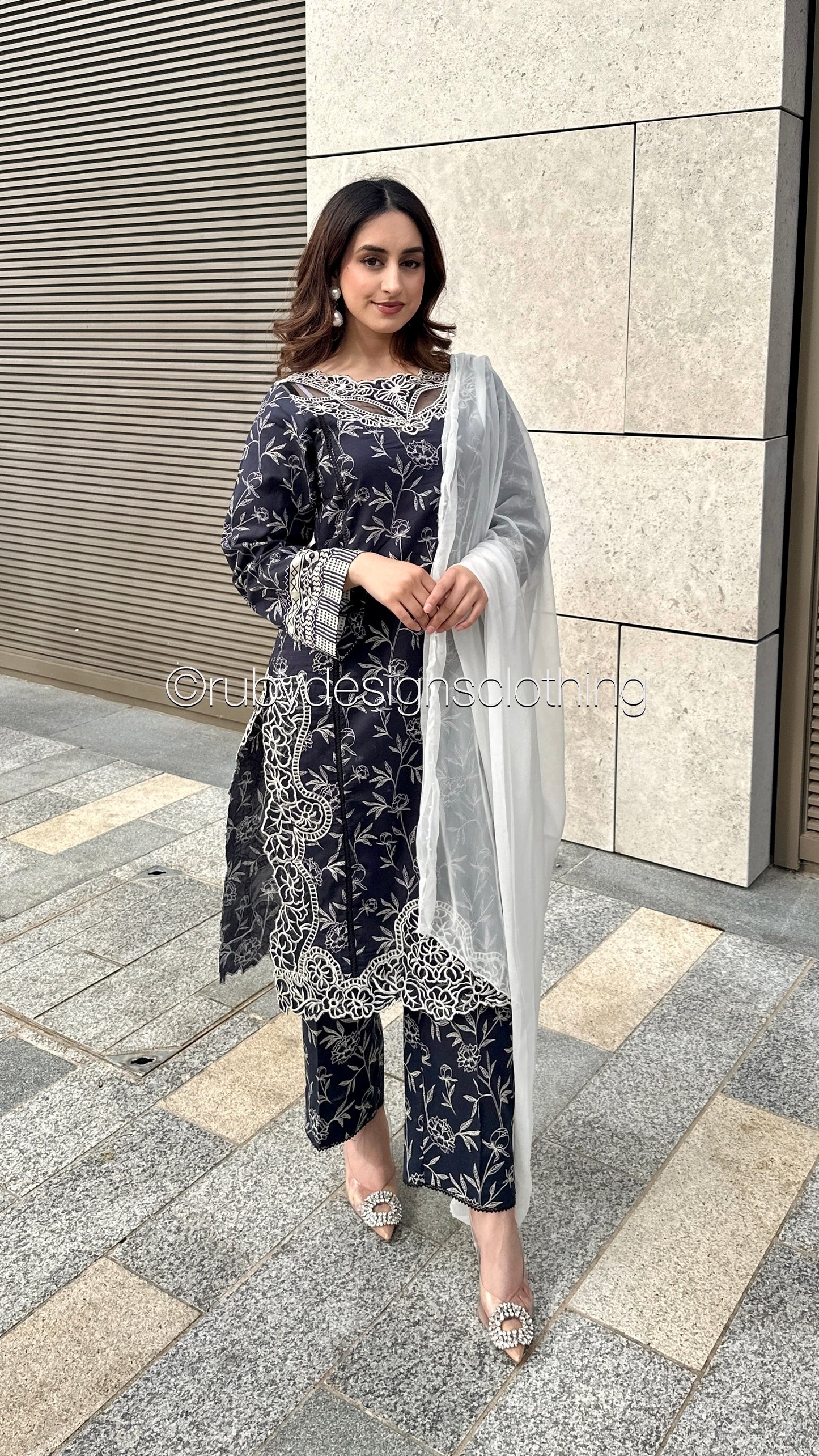 HABIBA - 3 Piece Charcoal Grey/Navy Lawn Suit with White Chiffon Dupatta (8583535427797)