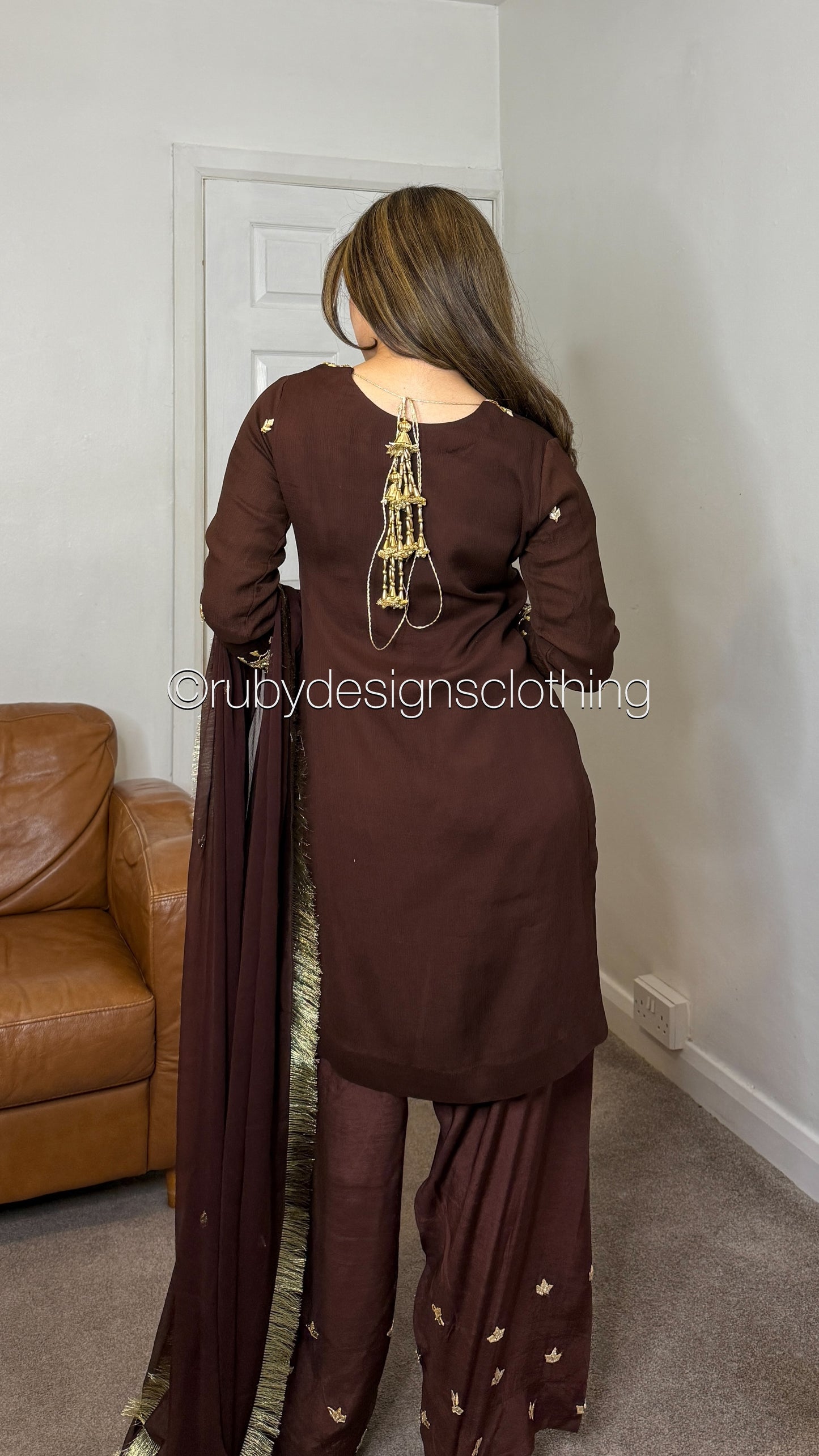 SAJAL Cocoa - 3 Piece Chiffon Suit with Farshi Shalwar and Gota Handwork