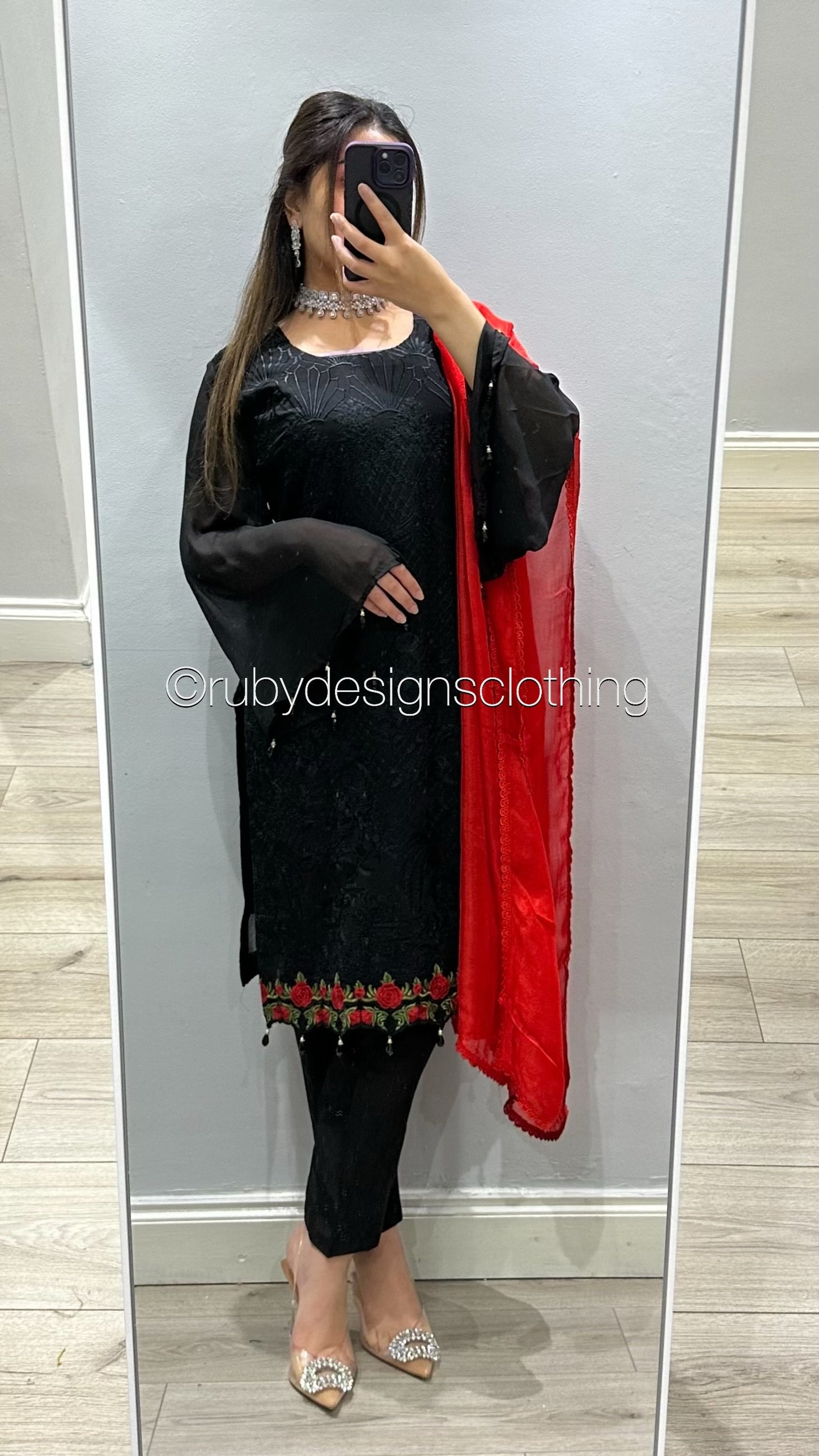 MISBA - 3 Piece Black Chiffon Suit with Red Chiffon Dupatta (8746833969365)