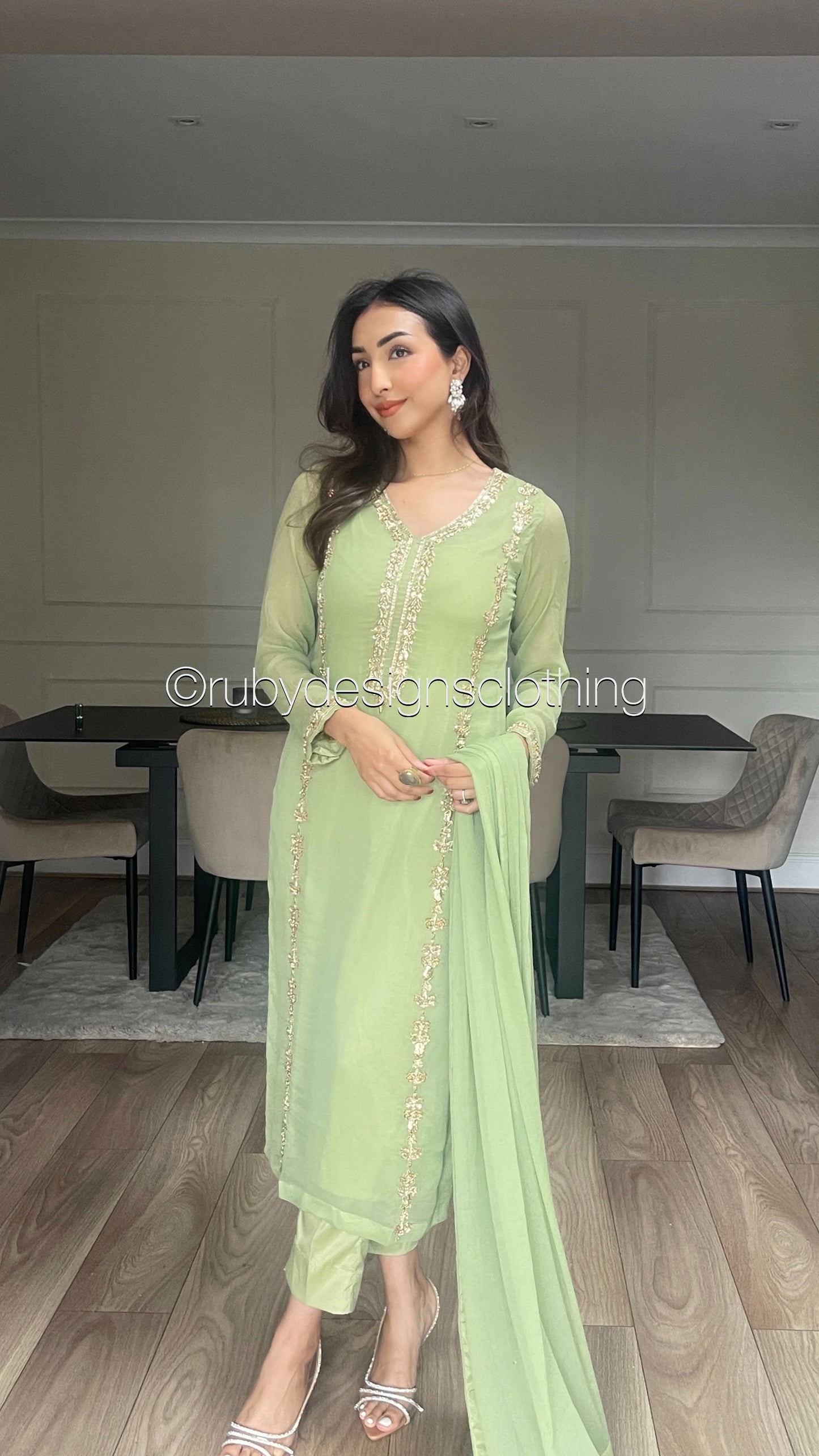 SADAF Sage - 3 Piece Sage Chiffon Suit with Gota Work (8311027925205)