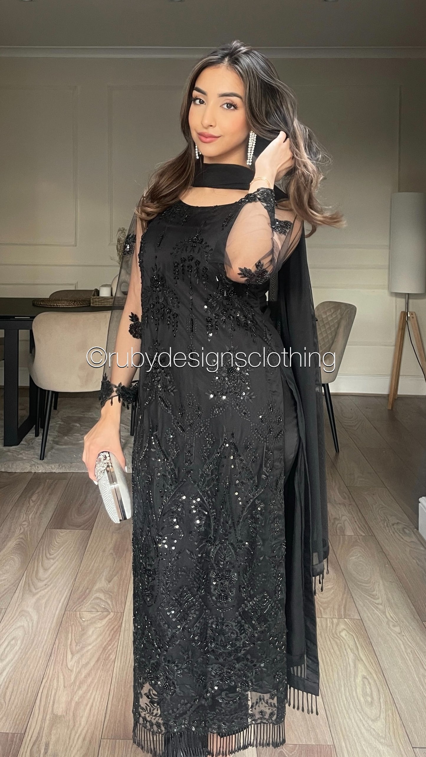 SANA - 3 Piece Jet Black Net Suit with Net Dupatta and Tassels (8301864222933)