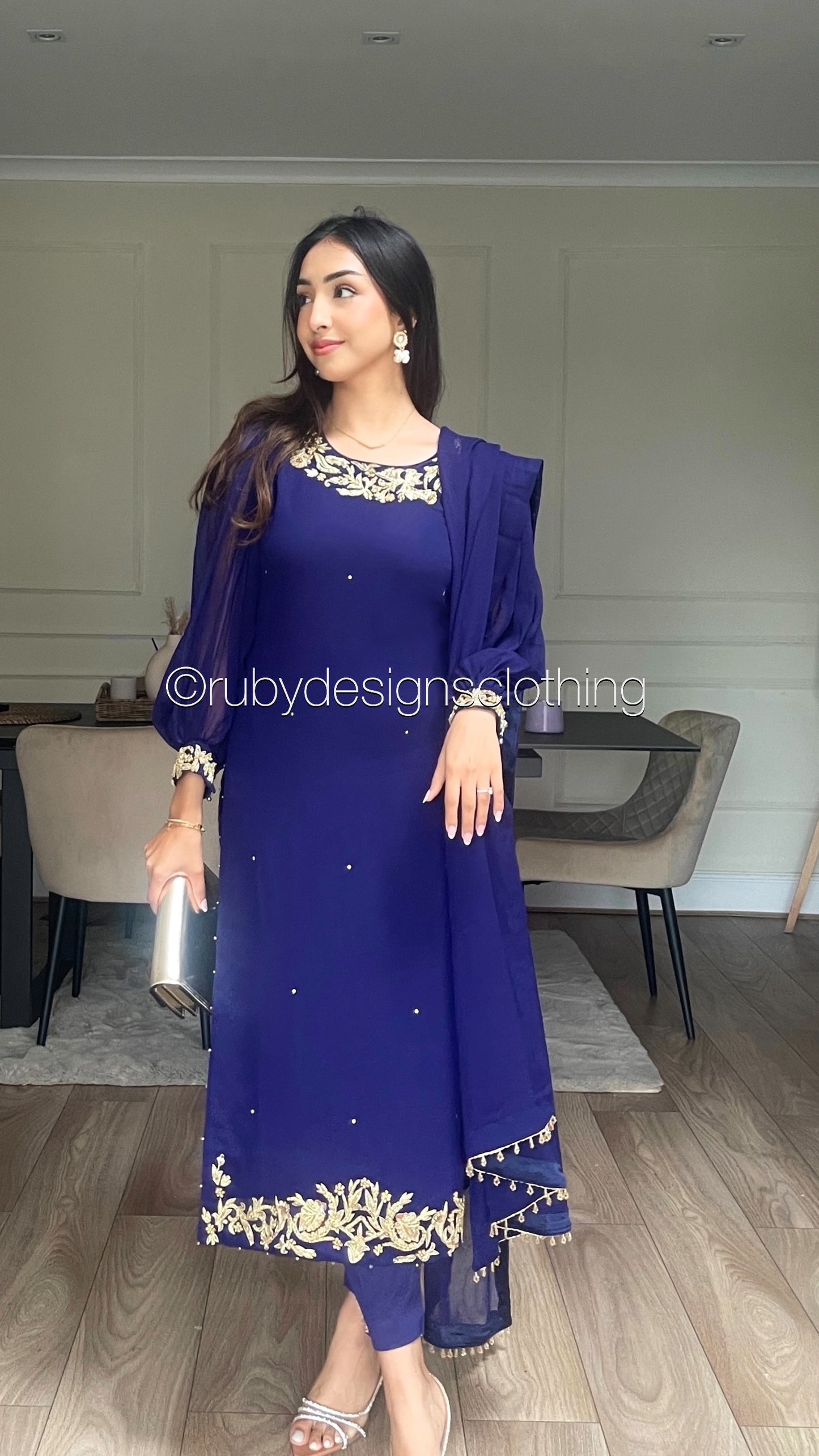ANEEQA Navy - 4 Piece Chiffon Suit with Gold Handwork (8094541480149)