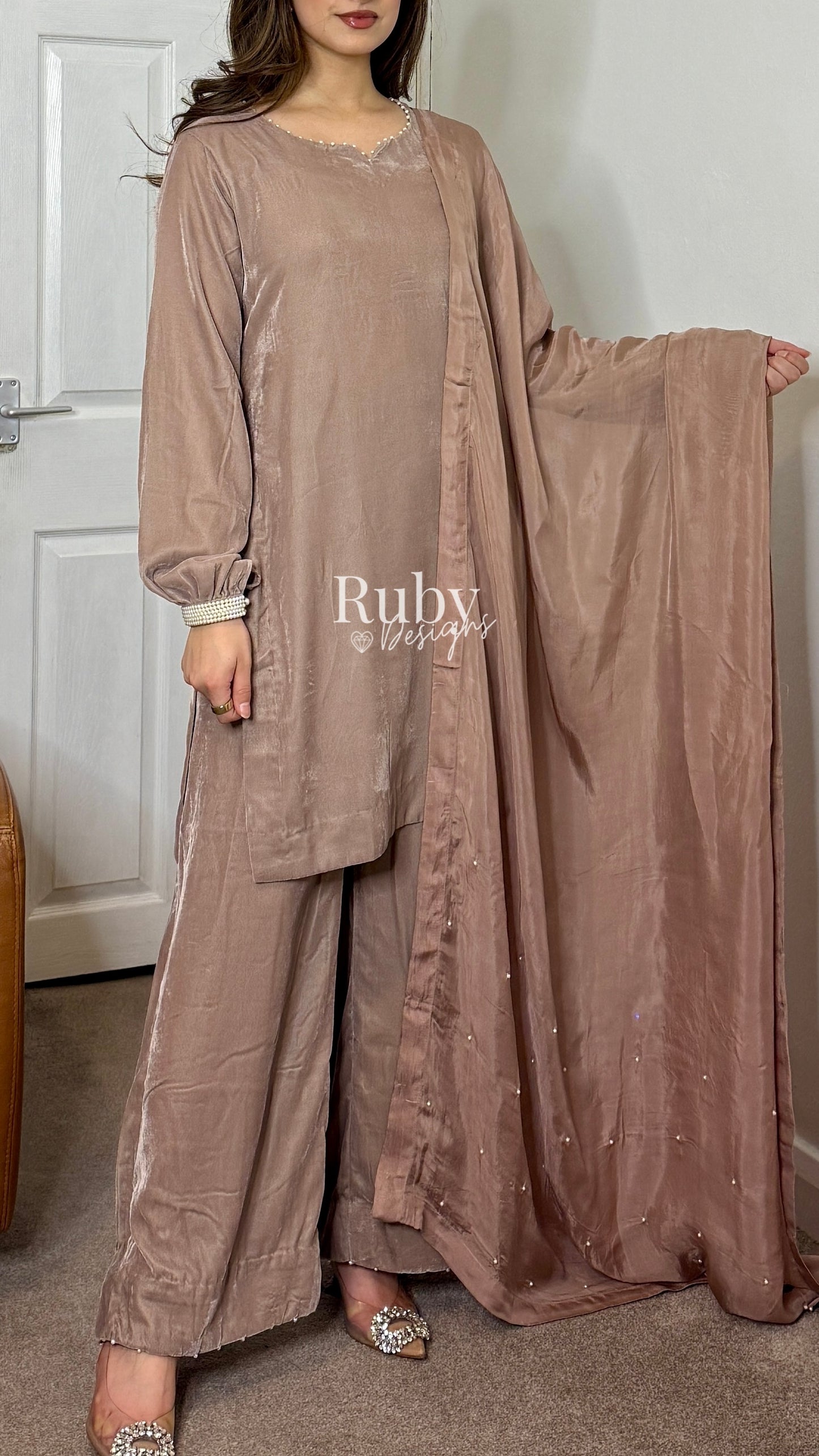 ALIA - 3 Piece Nude Luxury Velvet Suit with Pearls