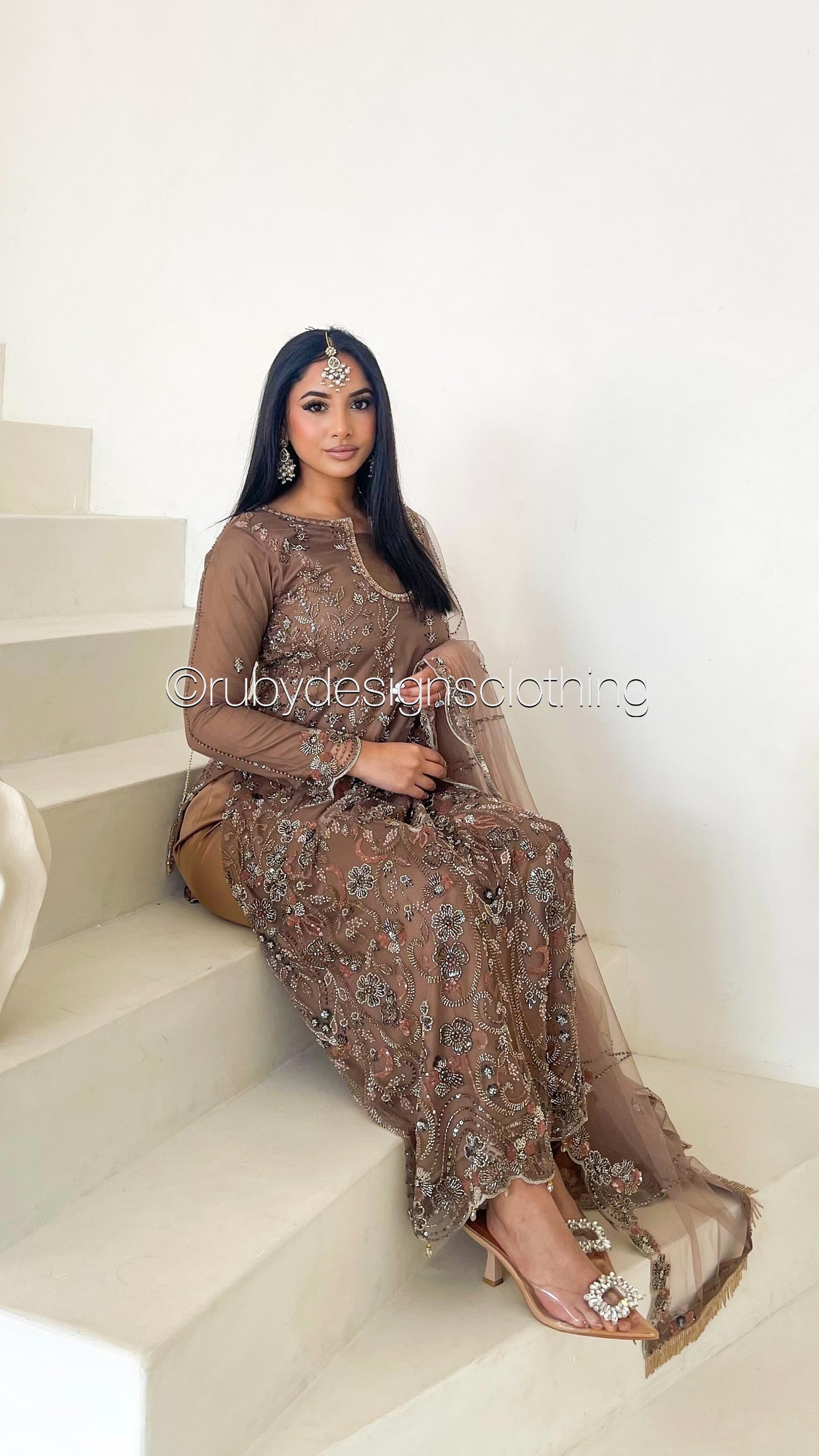ESMA Latte - 3 Piece Brown Net Suit with Heavy Cutdana Work