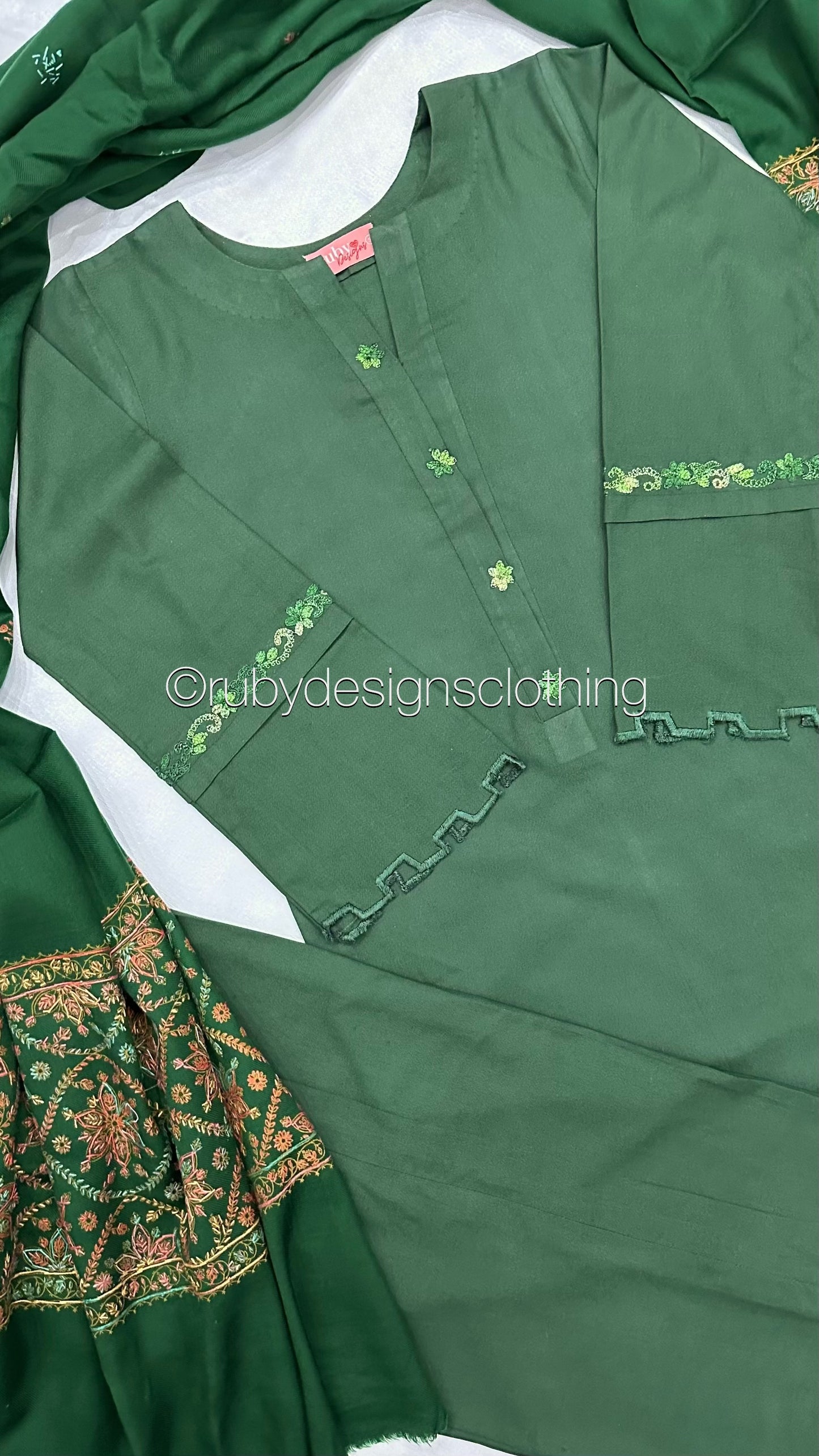 ZEHRA - 3 Piece Forest Green Marina Suit with Embroidered Pashmina Shawl