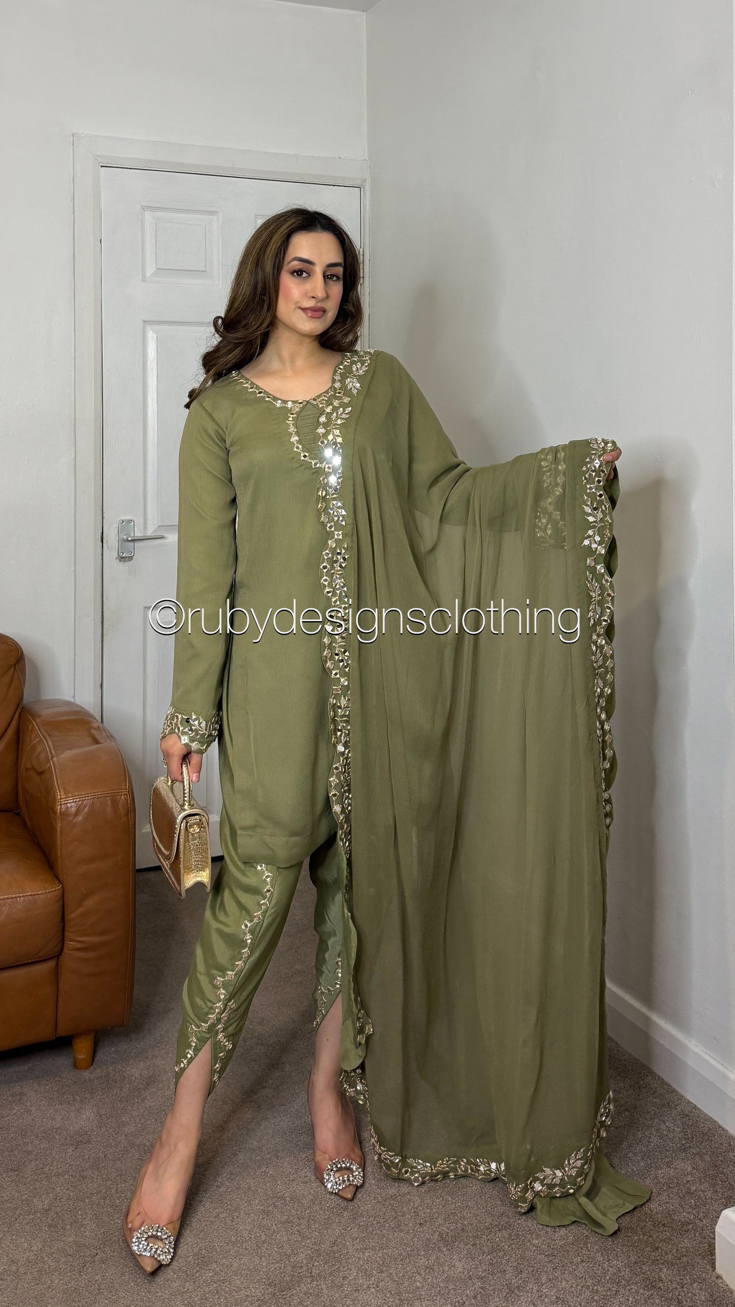 AQSA Olive - 3 Piece Chiffon Suit with Tulip Trouser