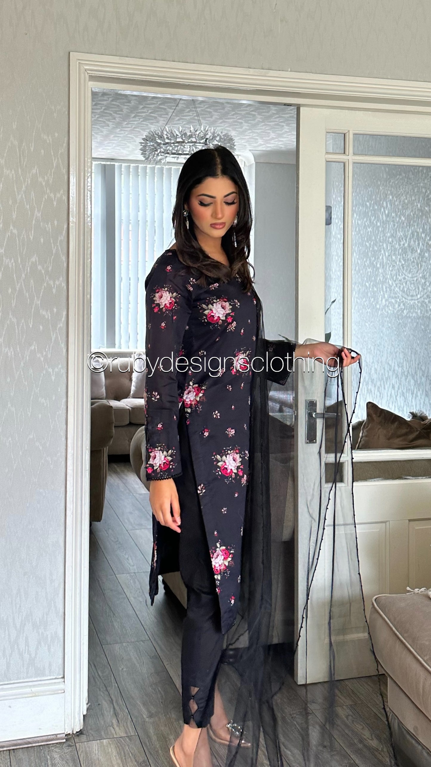 IMAN - 3 Piece Black Floral Print Lawn Suit with Net Dupatta (8090378633429)