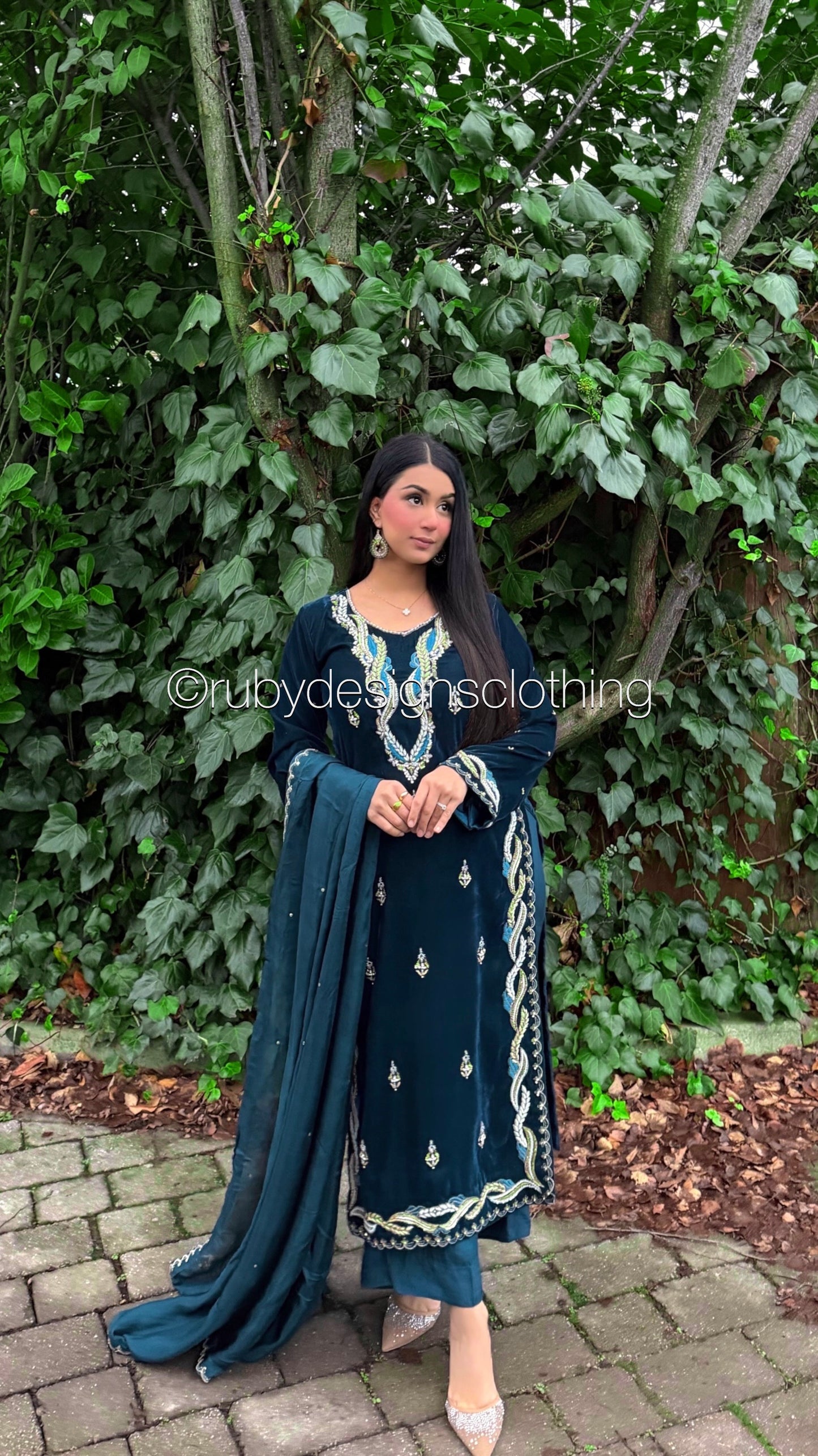 LINA - 3 Piece Teal Luxury Velvet Suit with Gold Handwork