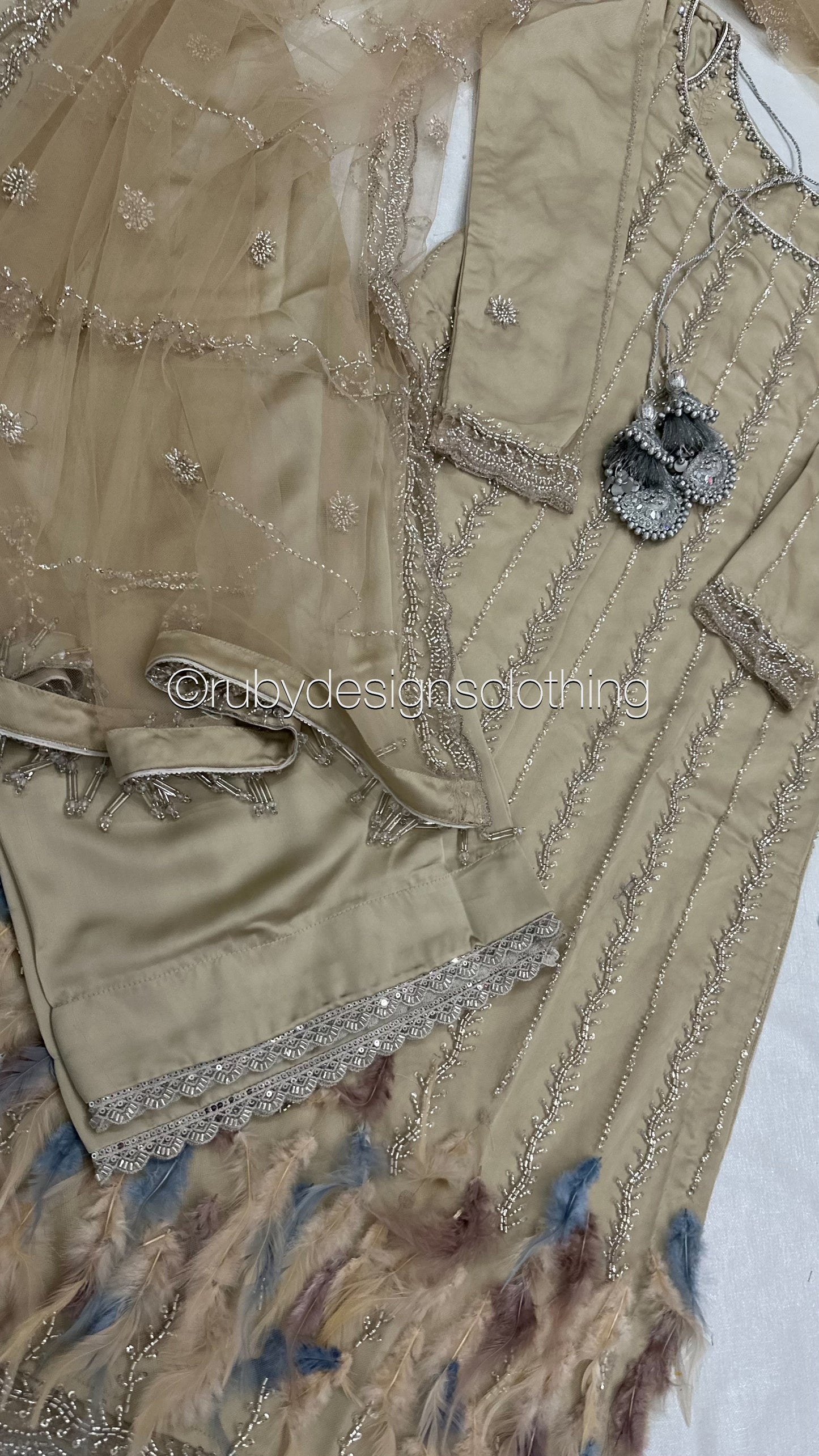 ELARA Pearl - 3 Piece Ivory Net Suit with Heavy Cutdana Work
