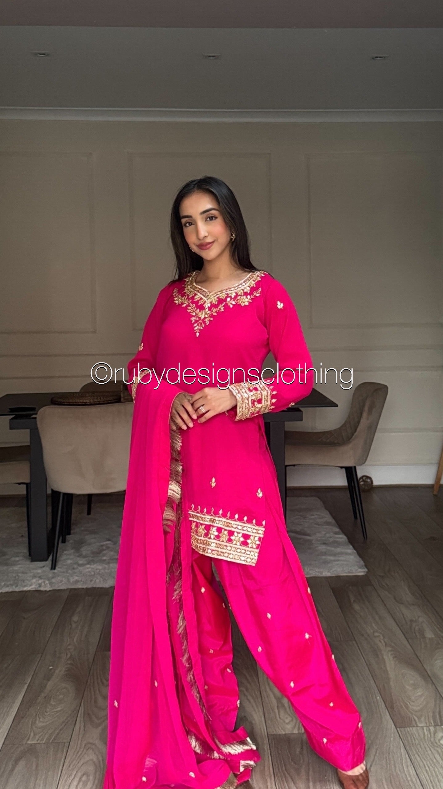 SAJAL Rose - 3 Piece Chiffon Suit with Farshi Shalwar and Gota Handwork