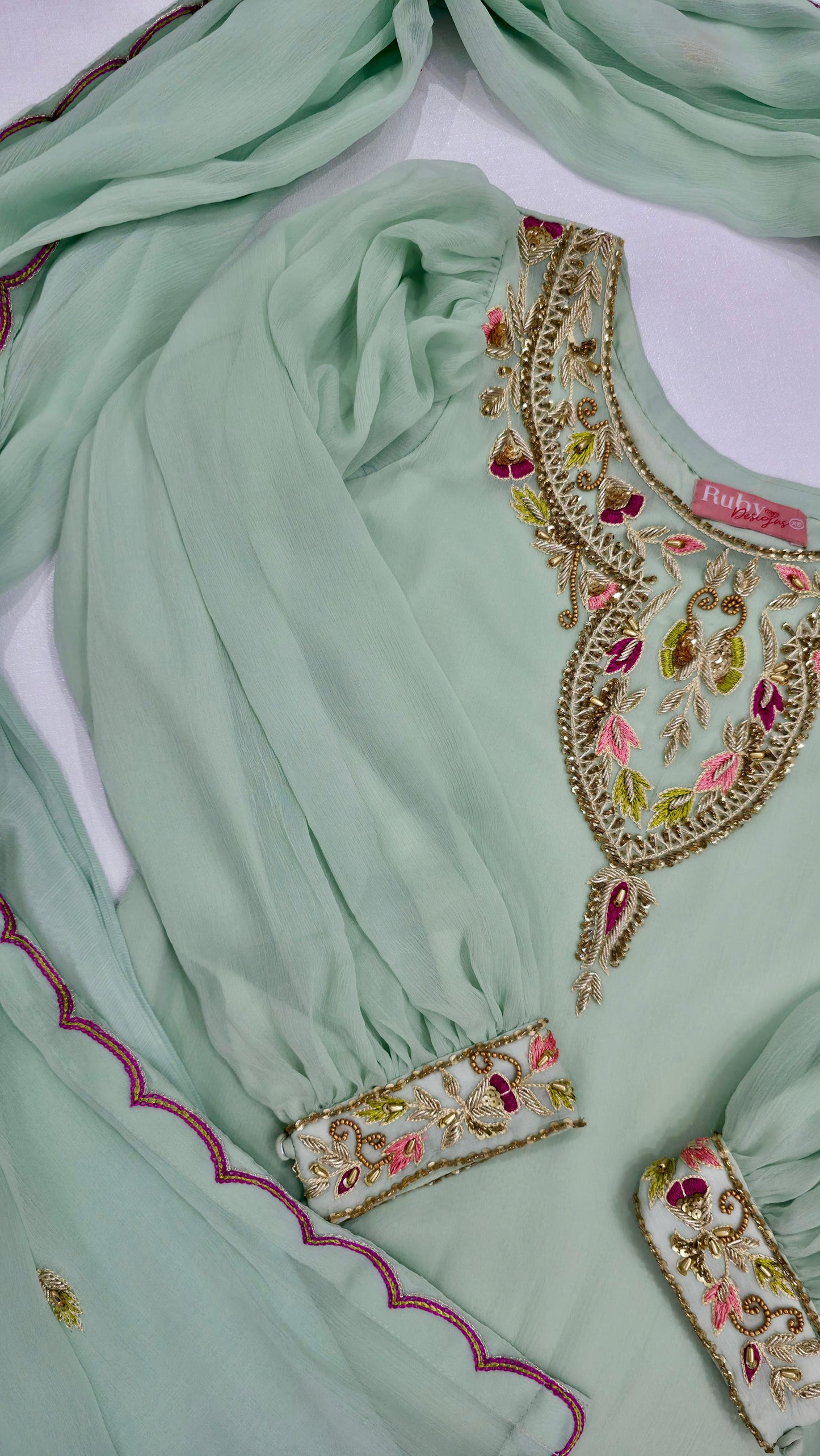 MISSING ITEM (SHALWAR) - SERENE Mint - Luxury 3 Piece Chiffon Suit with Farshi Shalwar