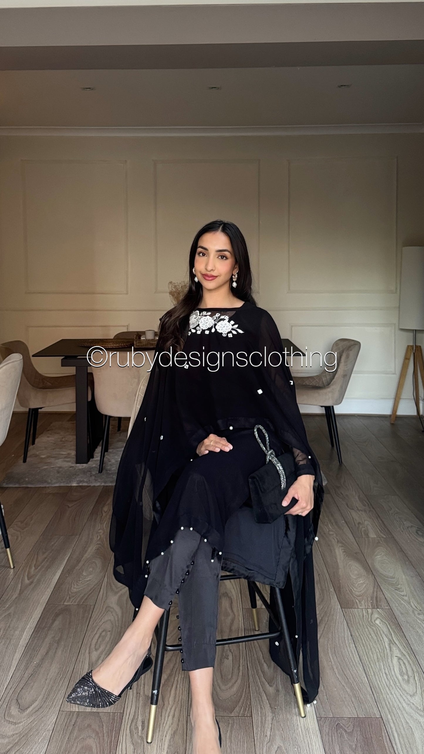 KAYNAT - 3 Piece Black Chiffon Suit with Cape/Poncho