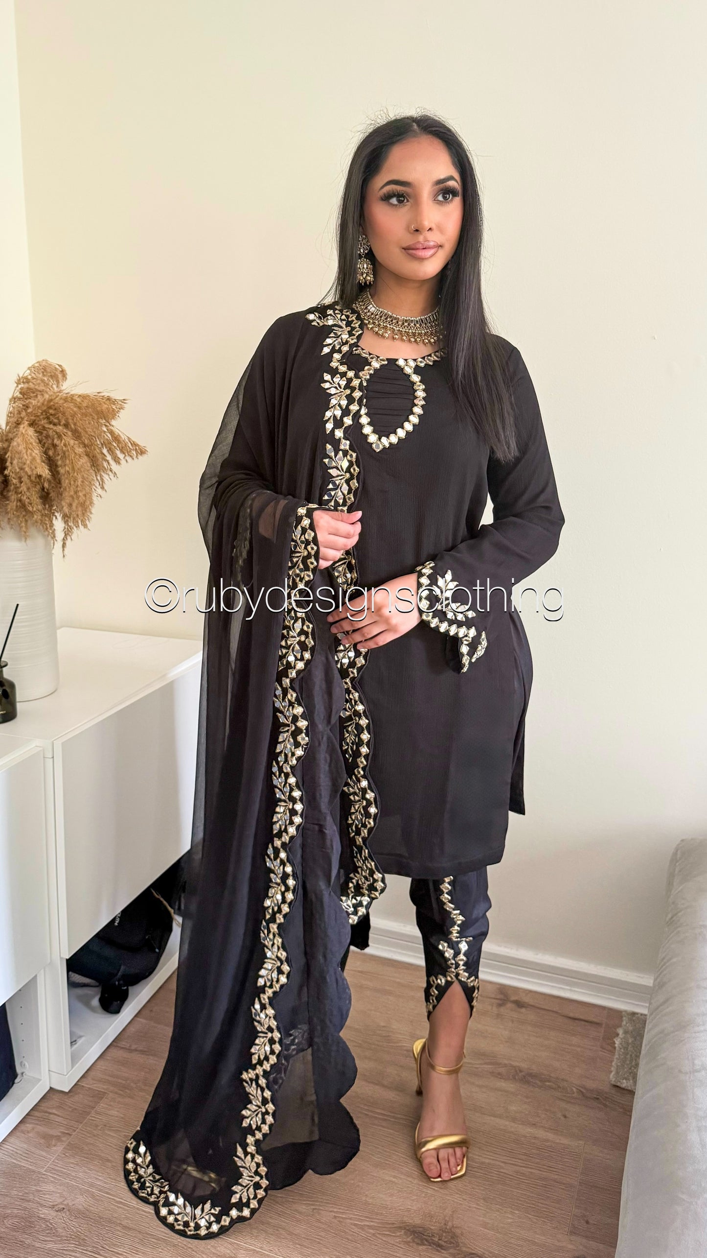AQSA Noir - 3 Piece Chiffon Suit with Tulip Trouser