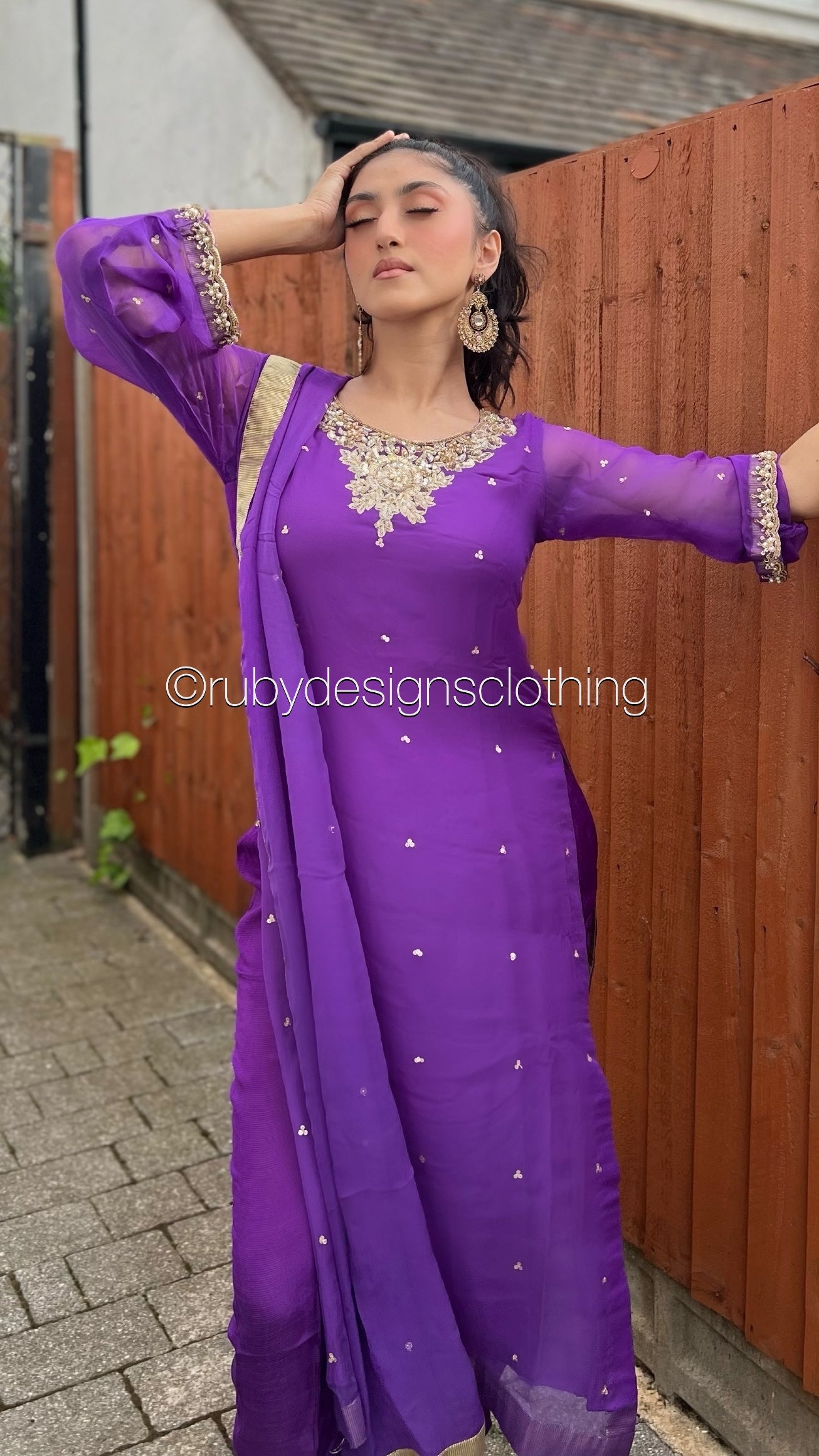 ALVIA Purple - 3 Piece Purple Chiffon Suit with Gold Handwork