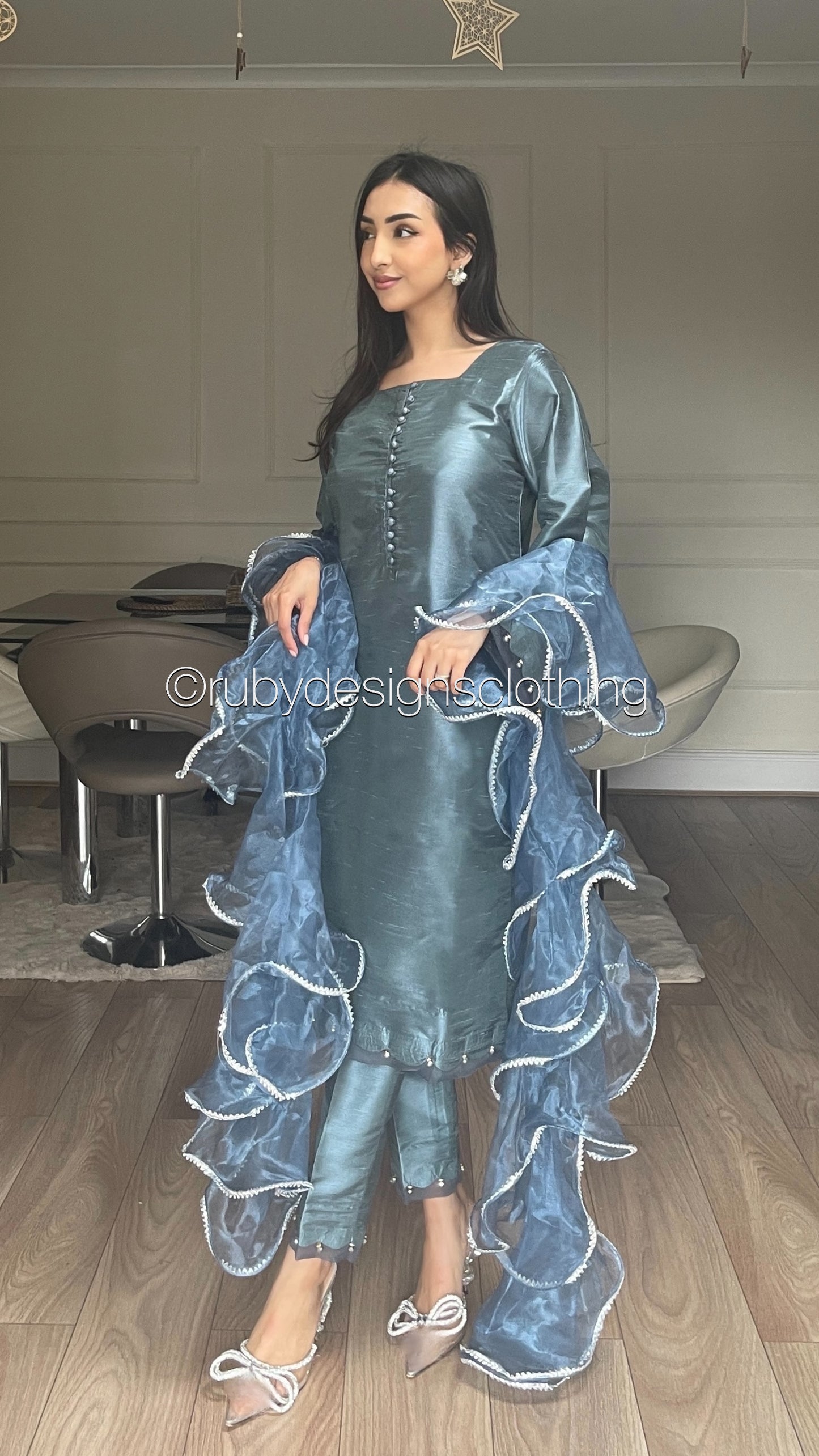 ALEEZA Blue - 3 Piece Raw Silk Suit with Ruffle Dupatta