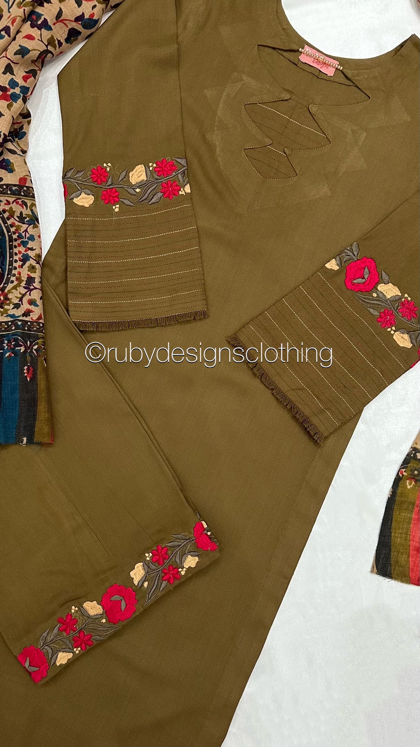 MINA - 3 Piece Khaki Marina Suit with Printed Pashmina Shawl
