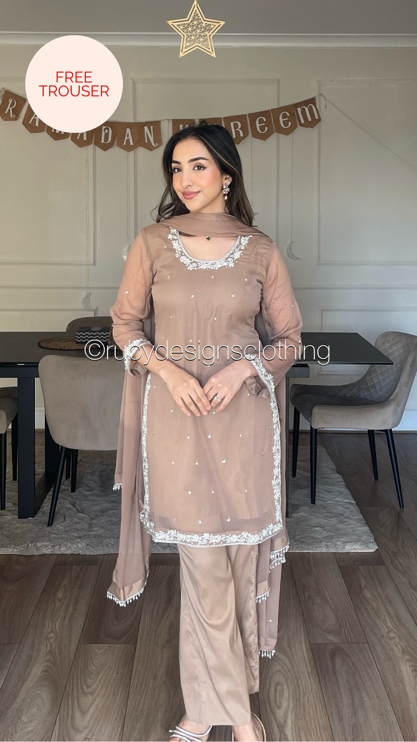 AYRA Dawn - 3 Piece Brown Chiffon Suit with Farshi Shalwar