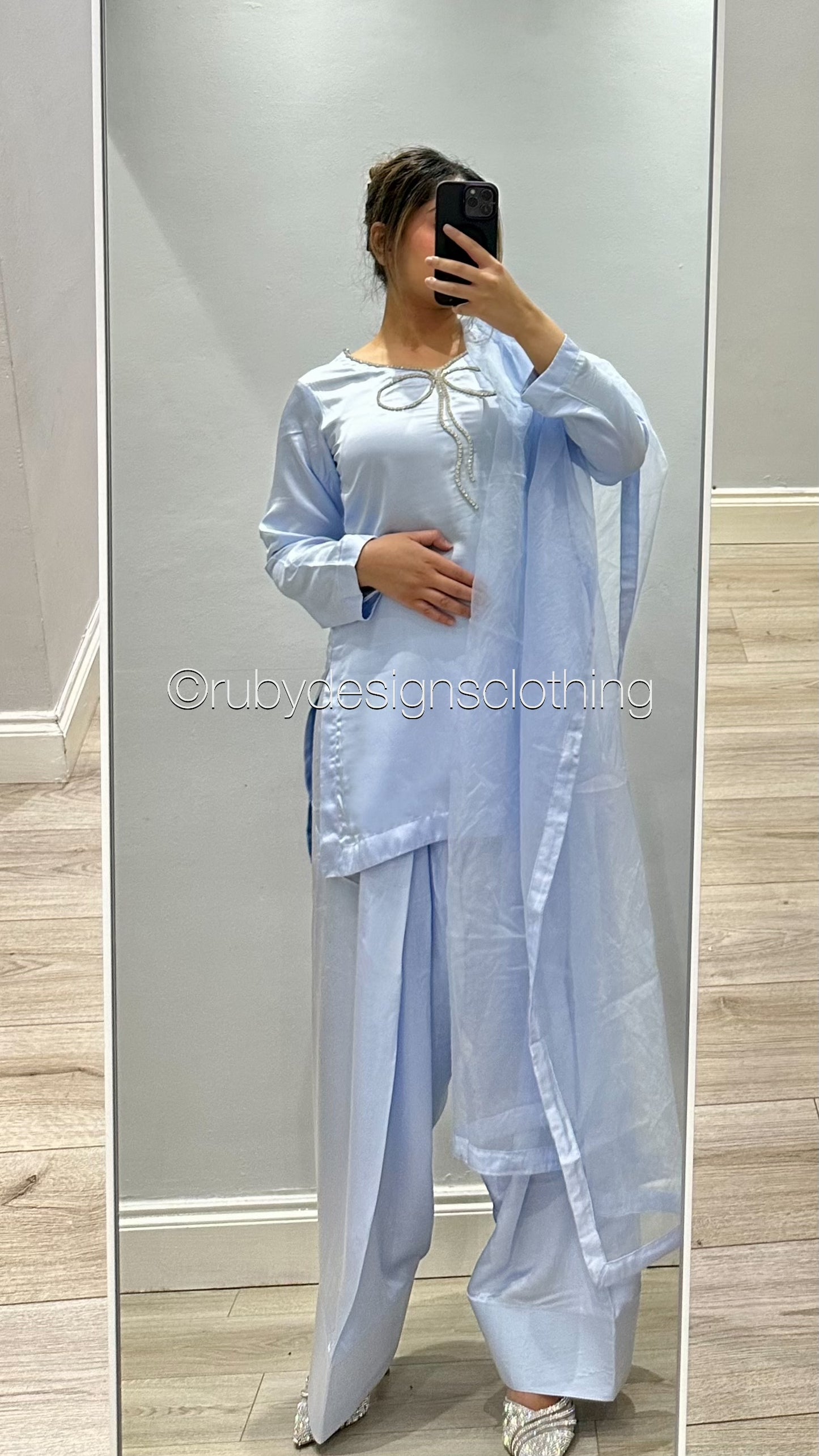 ZARA Sky - EXCLUSIVE 3 Piece Silk Suit with Farshi Shalwar and Bow Detail