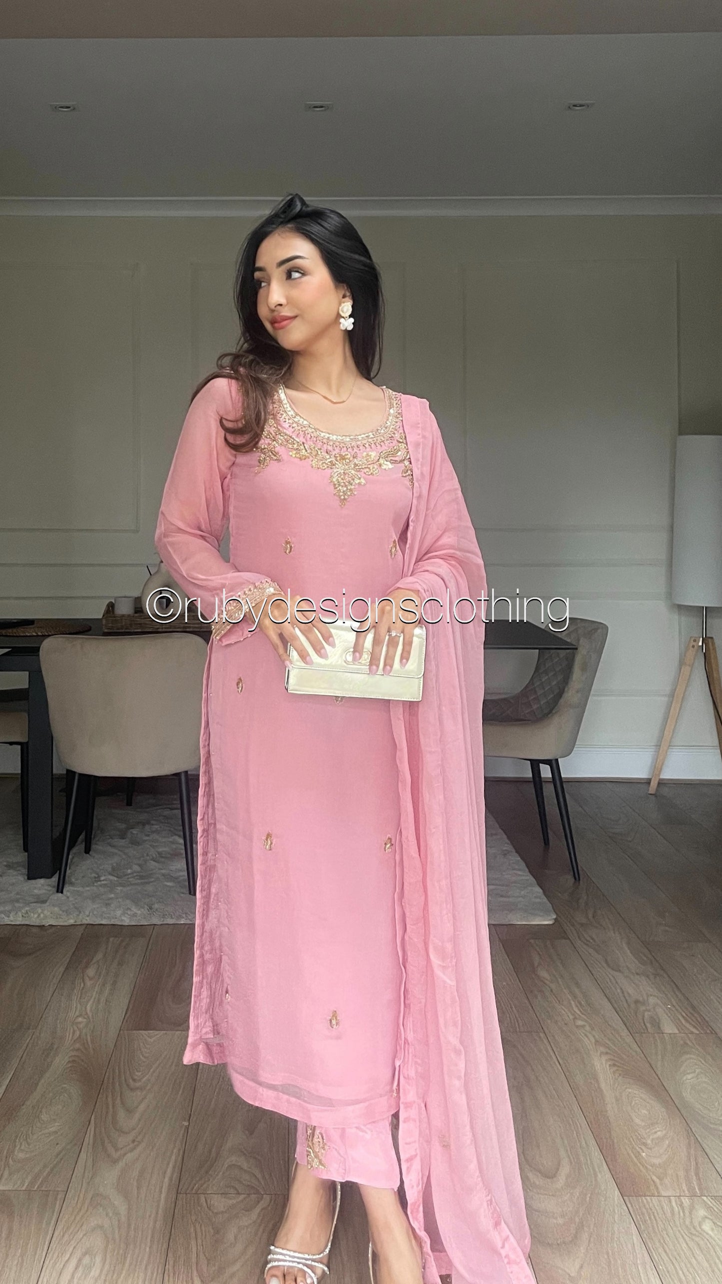 AMBREEN Pink - 4 Piece Chiffon Suit with Gold Handwork