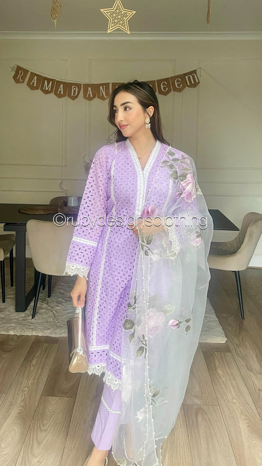 MALIKA - 3 Piece Lilac Chikankari Suit with Organza Dupatta