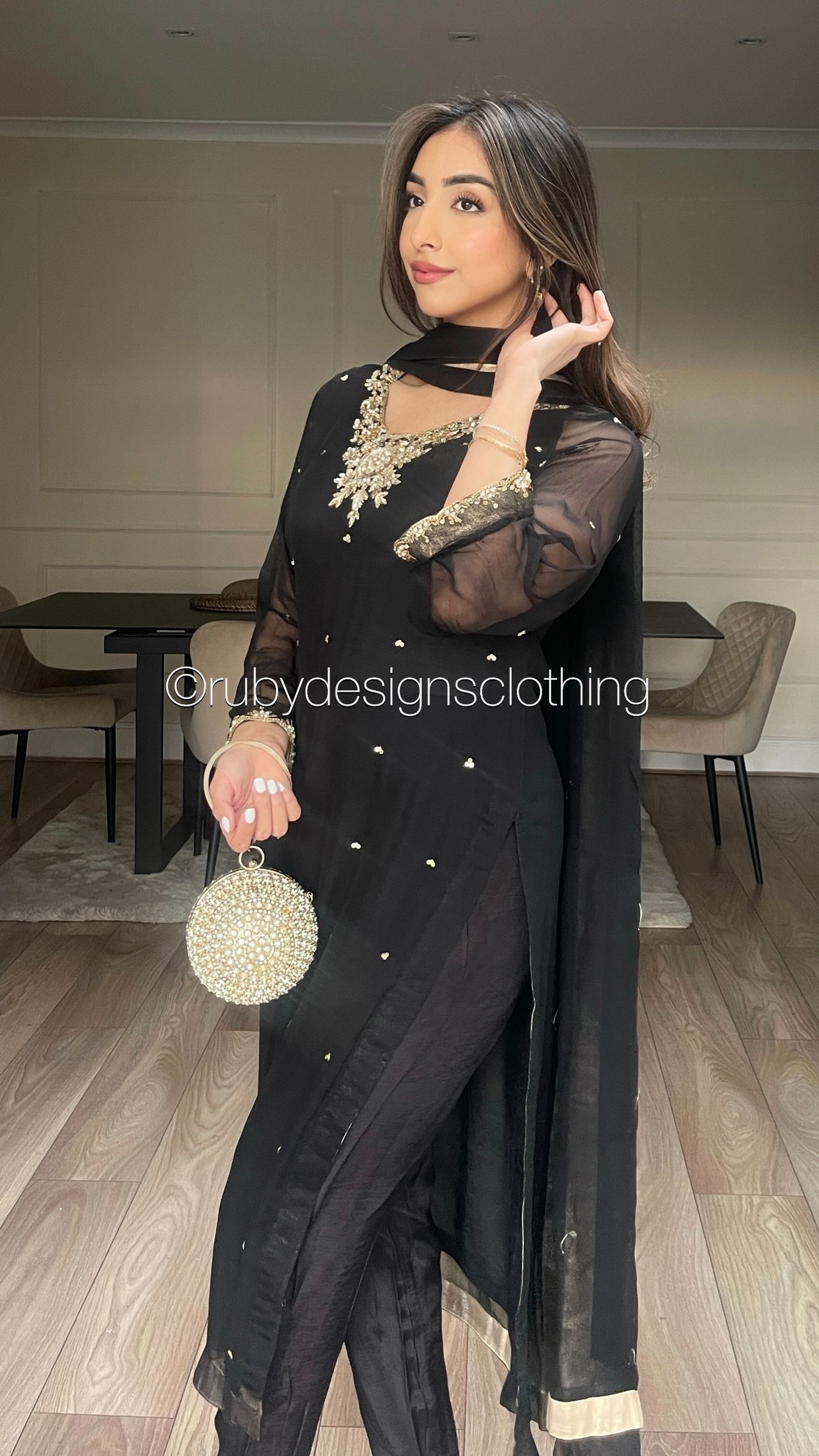 ALVIA Black - 3 Piece Black Chiffon Suit with Gold Handwork (8294976651477)