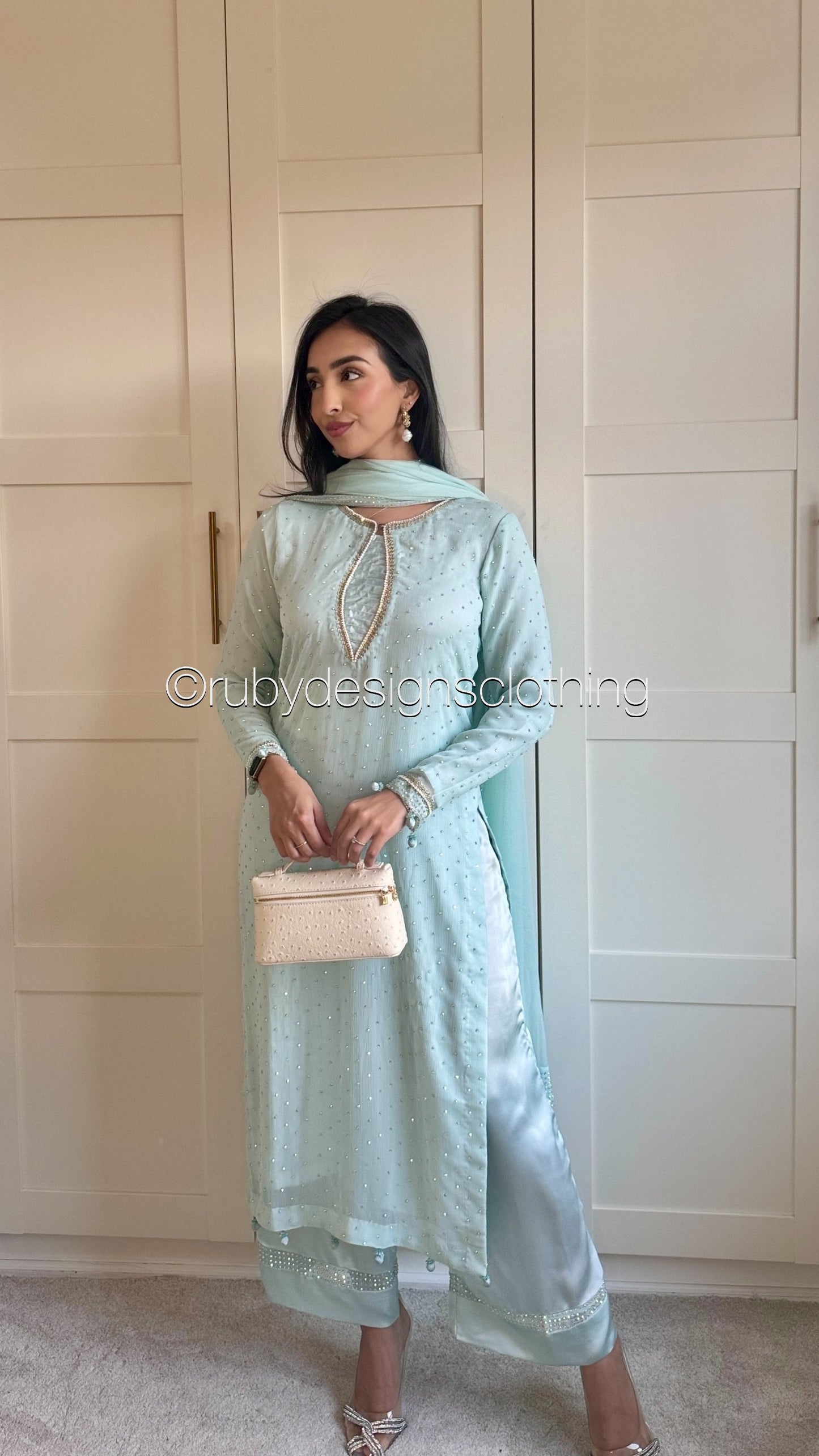 MISSING ITEM (SCARF) - LEENA Sky - 3 Piece Chiffon Suit with Stonework
